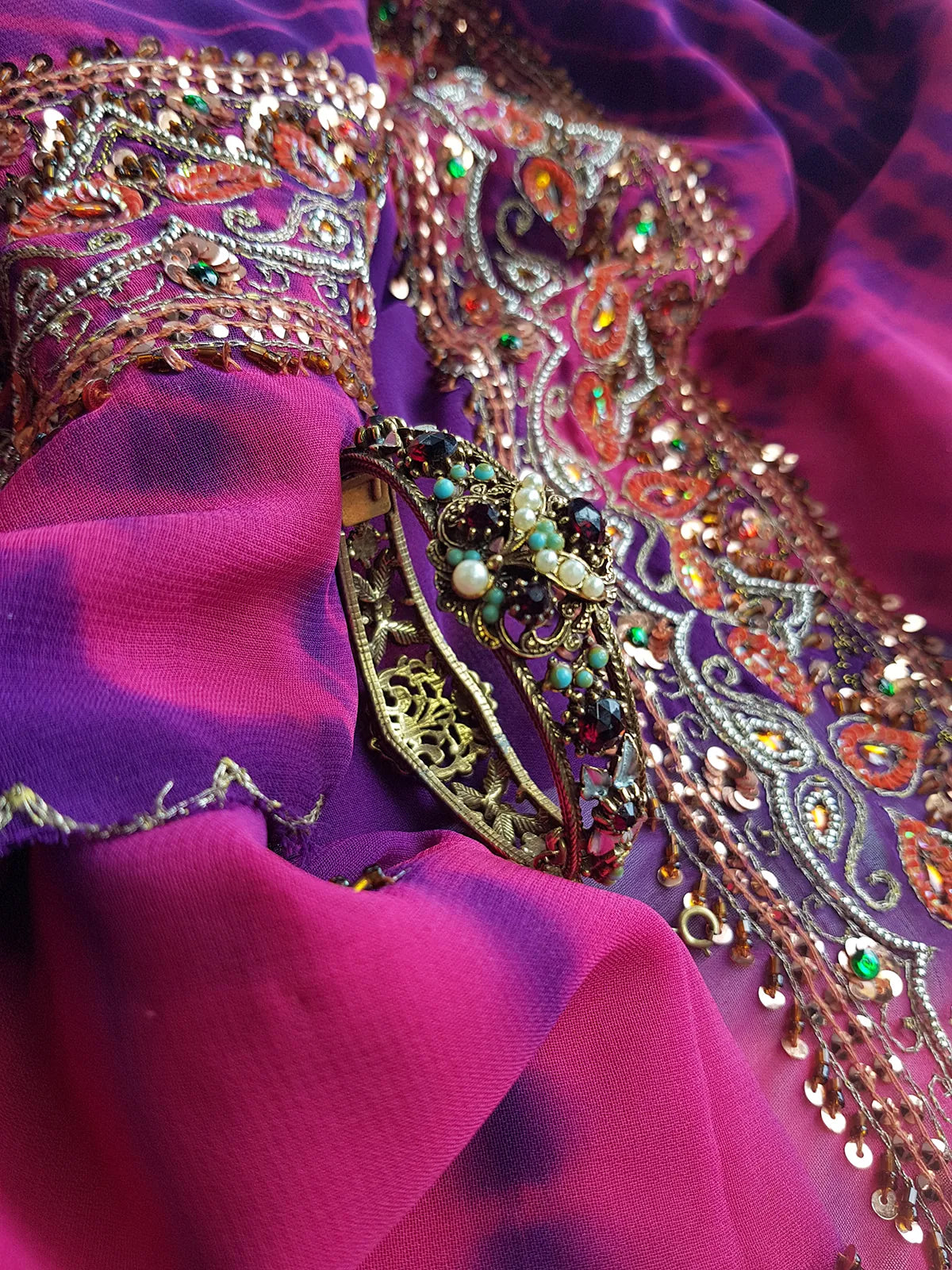 1970s Romantic Gothic Designer Ornate Metal Bracelet  - Stones & Pearls - Reversible to be Worn Two Ways - Stamped