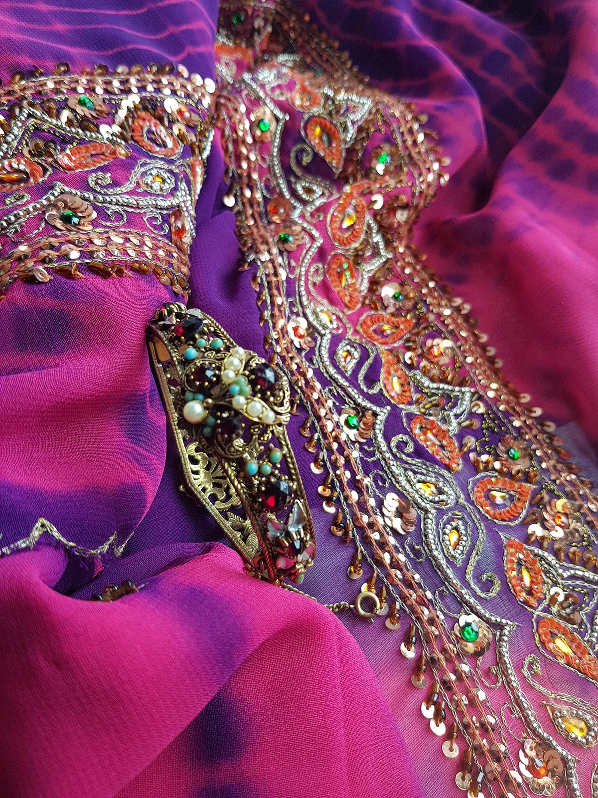 1970s Romantic Gothic Designer Ornate Metal Bracelet  - Stones & Pearls - Reversible to be Worn Two Ways - Stamped