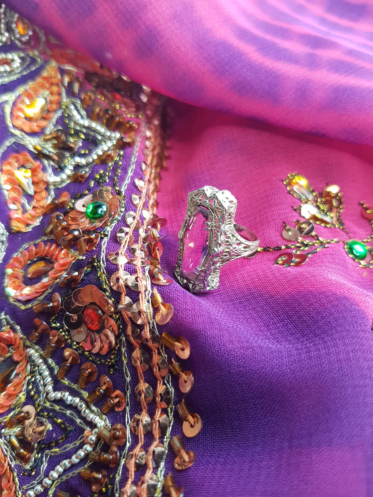 1920s Ethereal Art Deco - Amethyst & 14kt White Gold Ornate Ring - Stamped