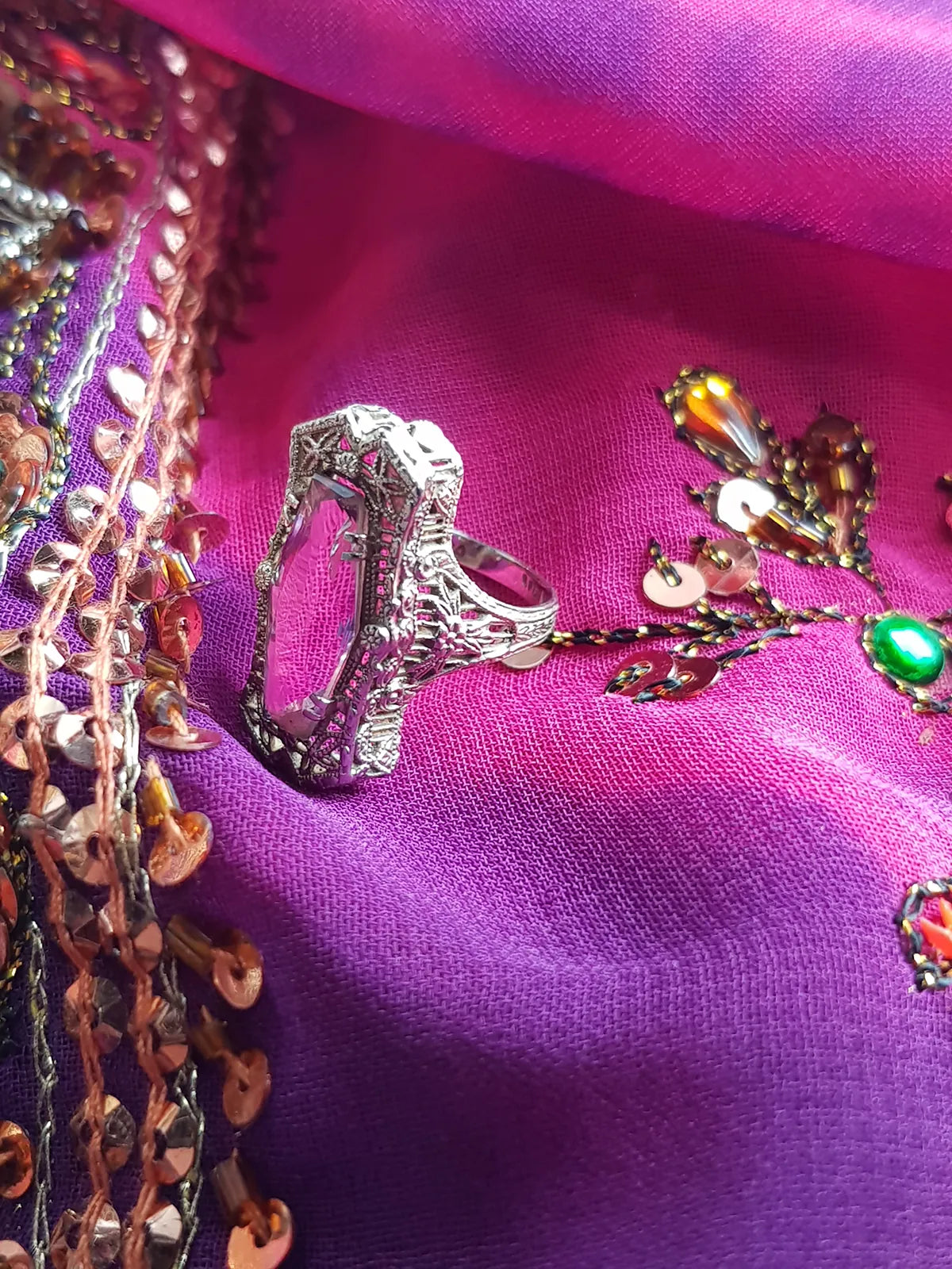 1920s Ethereal Art Deco - Amethyst & 14kt White Gold Ornate Ring - Stamped