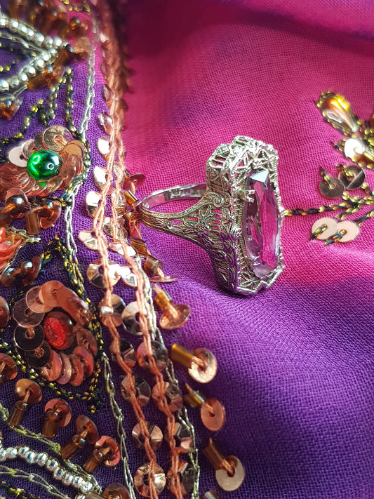 1920s Ethereal Art Deco - Amethyst & 14kt White Gold Ornate Ring - Stamped