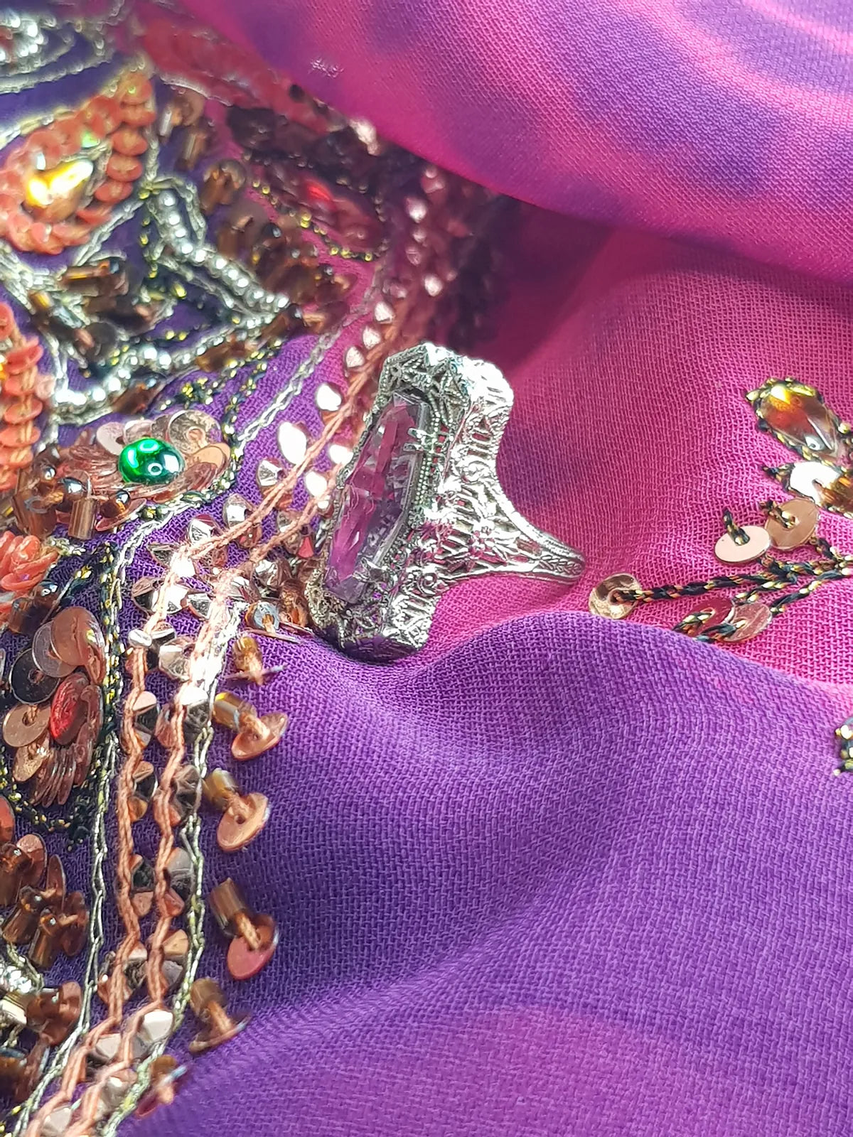 1920s Ethereal Art Deco - Amethyst & 14kt White Gold Ornate Ring - Stamped