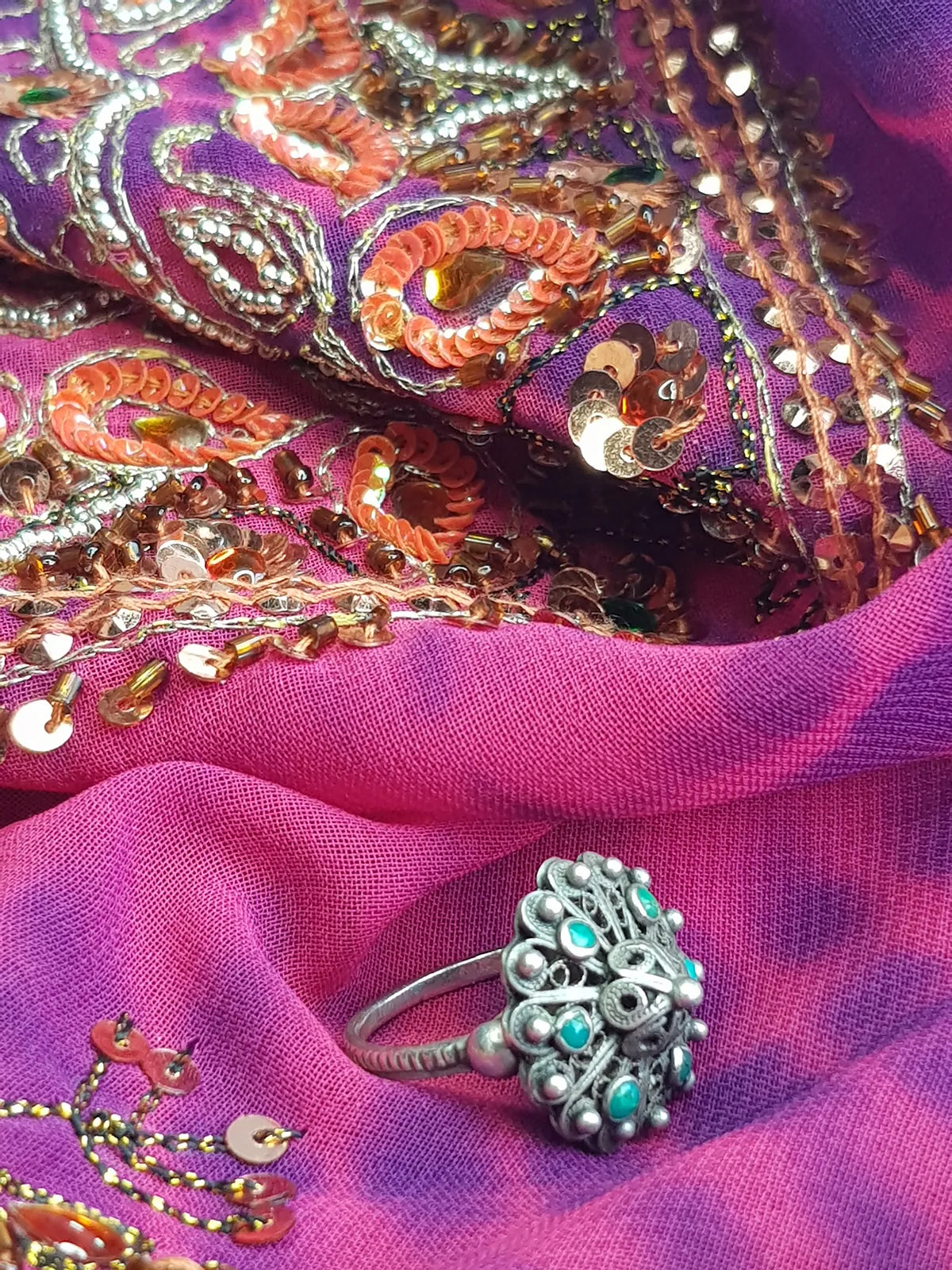 1950s Ornate Turquoise & Silver Ring with Intricate Wire Work