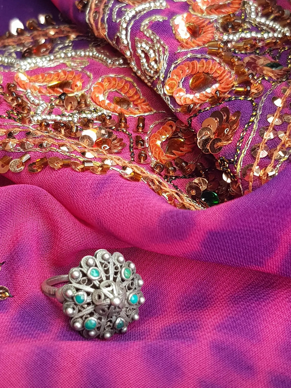 1950s Ornate Turquoise & Silver Ring with Intricate Wire Work