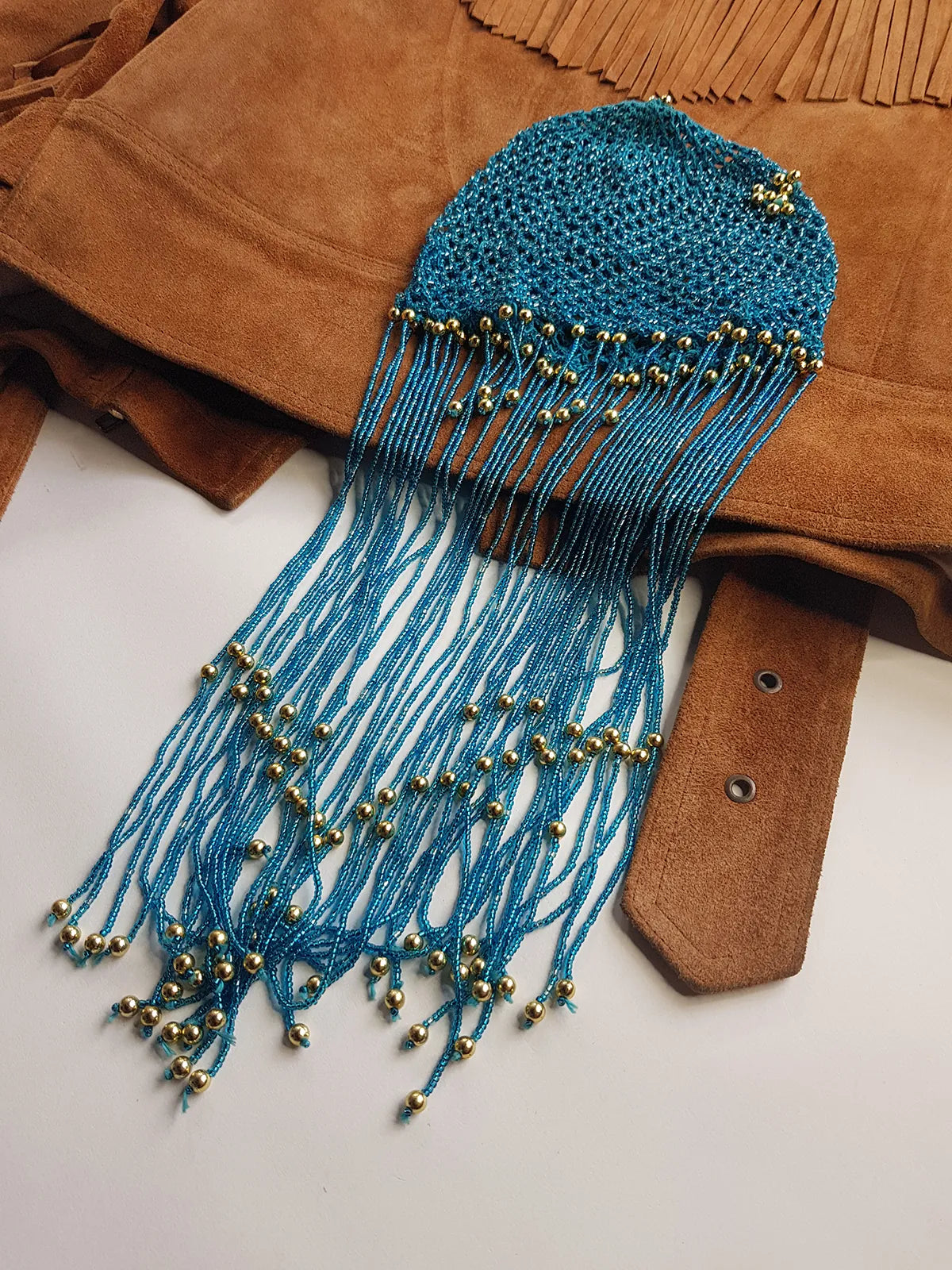 Iconic 1970s Handmade Crochet Beaded - Tasseled - Party Hairpiece Beanie - Studio 54 - Blue Crochet & Gold Beading