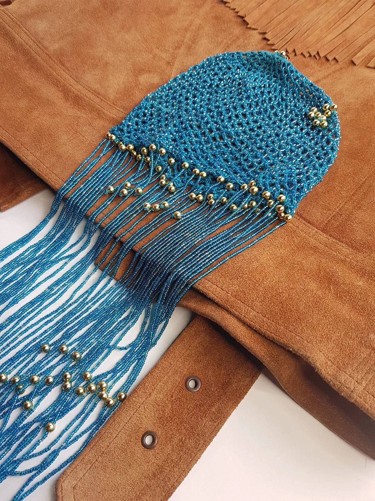Iconic 1970s Handmade Crochet Beaded - Tasseled - Party Hairpiece Beanie - Studio 54 - Blue Crochet & Gold Beading