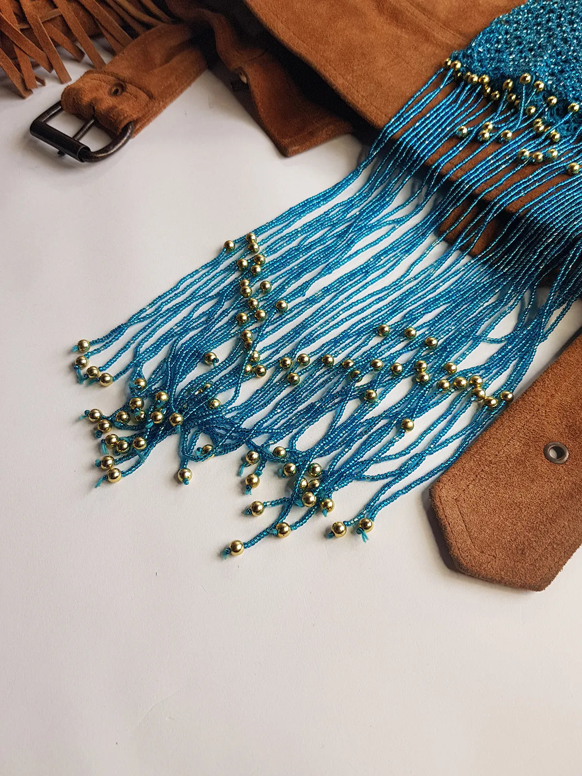 Iconic 1970s Handmade Crochet Beaded - Tasseled - Party Hairpiece Beanie - Studio 54 - Blue Crochet & Gold Beading