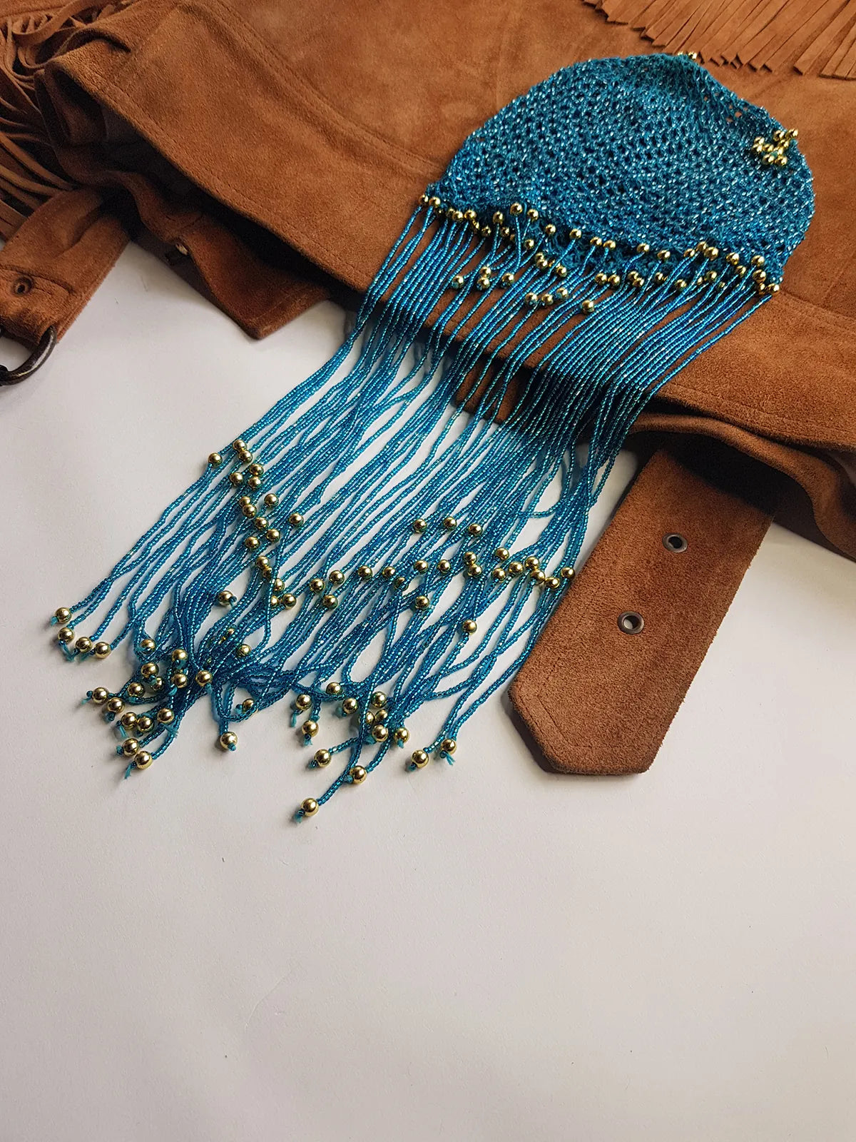 Iconic 1970s Handmade Crochet Beaded - Tasseled - Party Hairpiece Beanie - Studio 54 - Blue Crochet & Gold Beading