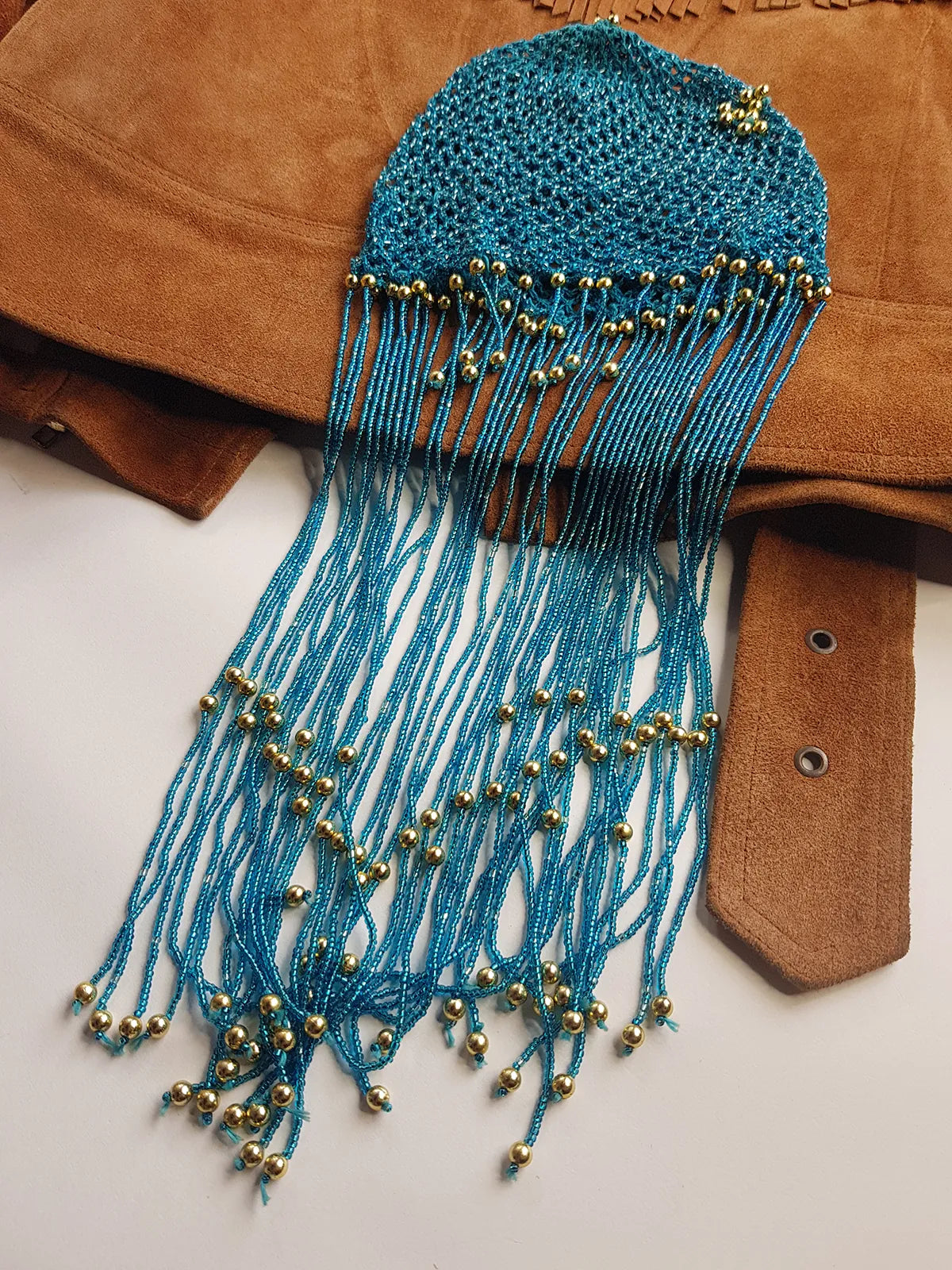 Iconic 1970s Handmade Crochet Beaded - Tasseled - Party Hairpiece Beanie - Studio 54 - Blue Crochet & Gold Beading