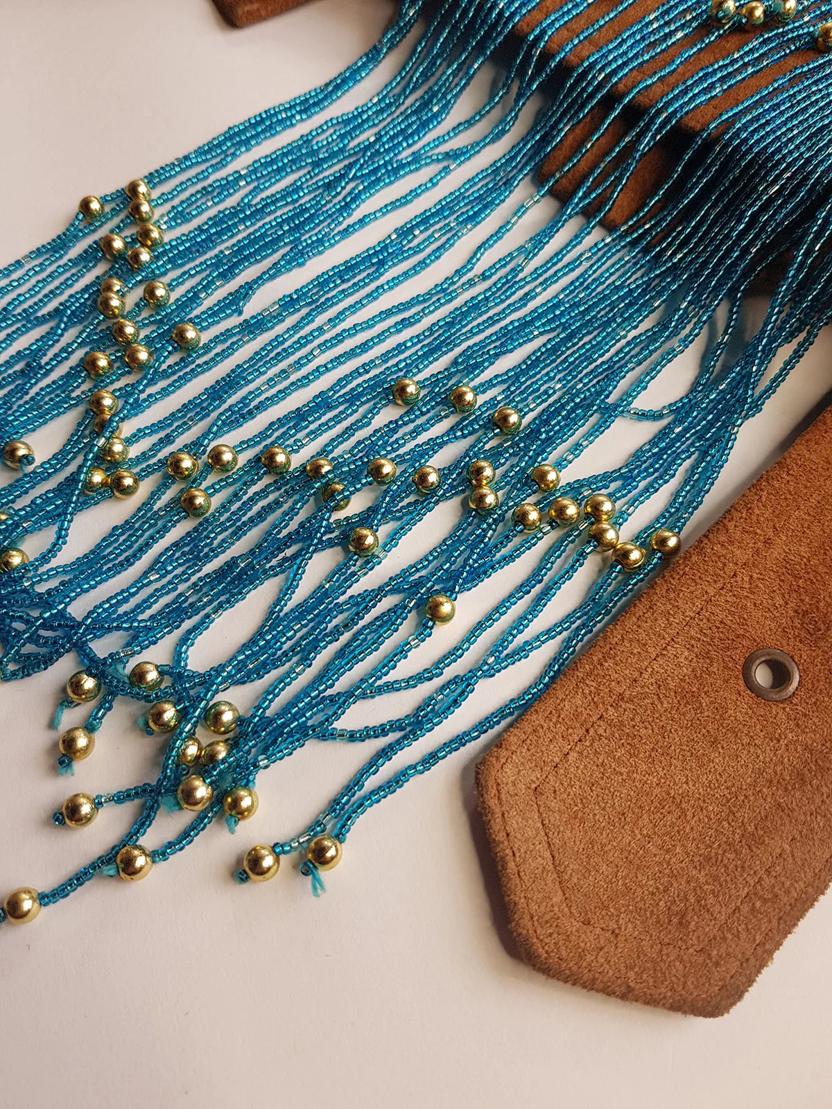 Iconic 1970s Handmade Crochet Beaded - Tasseled - Party Hairpiece Beanie - Studio 54 - Blue Crochet & Gold Beading