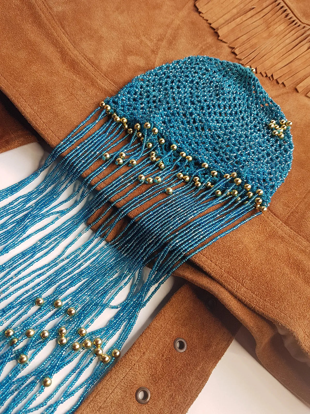 Iconic 1970s Handmade Crochet Beaded - Tasseled - Party Hairpiece Beanie - Studio 54 - Blue Crochet & Gold Beading
