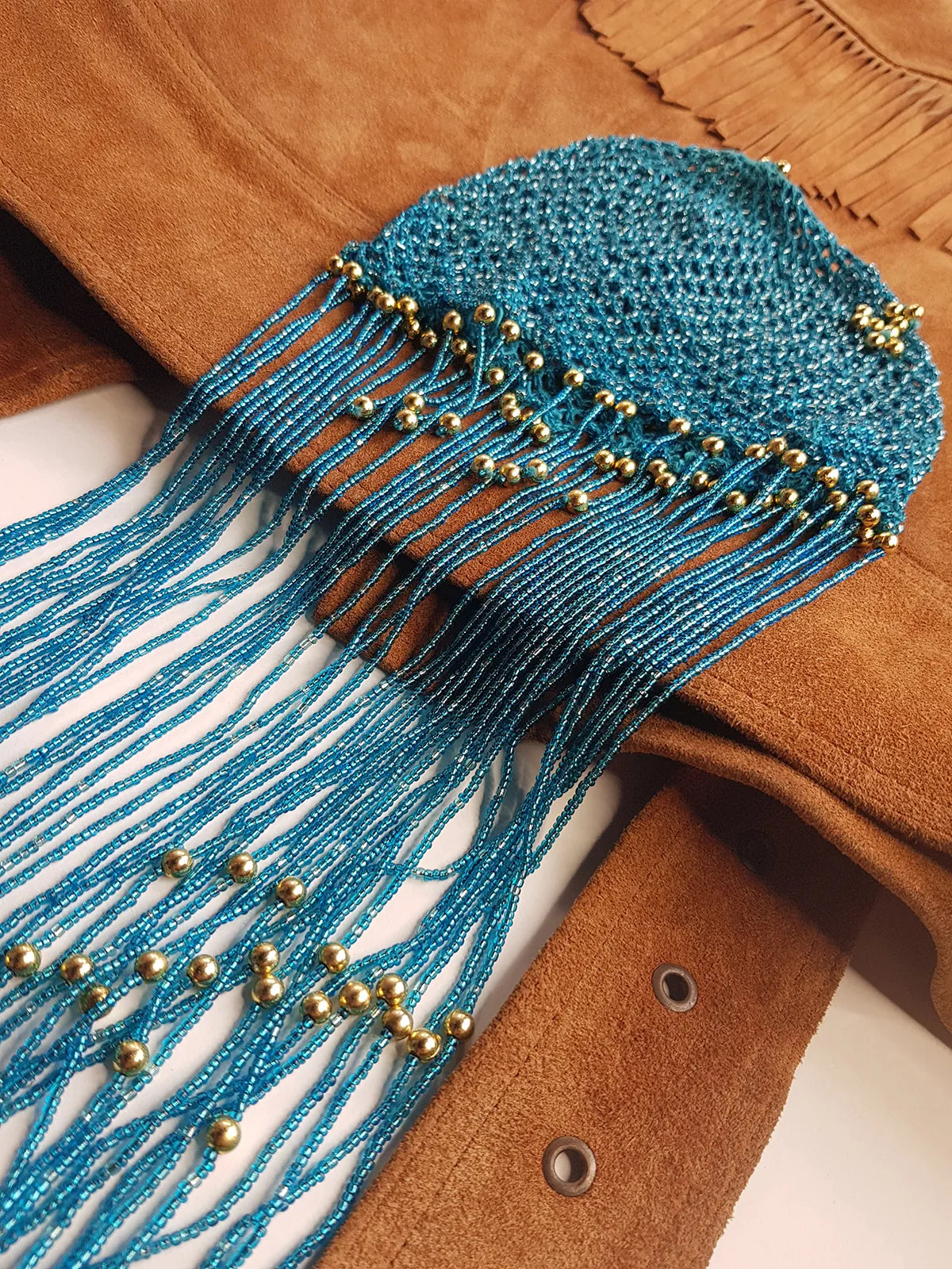 Iconic 1970s Handmade Crochet Beaded - Tasseled - Party Hairpiece Beanie - Studio 54 - Blue Crochet & Gold Beading