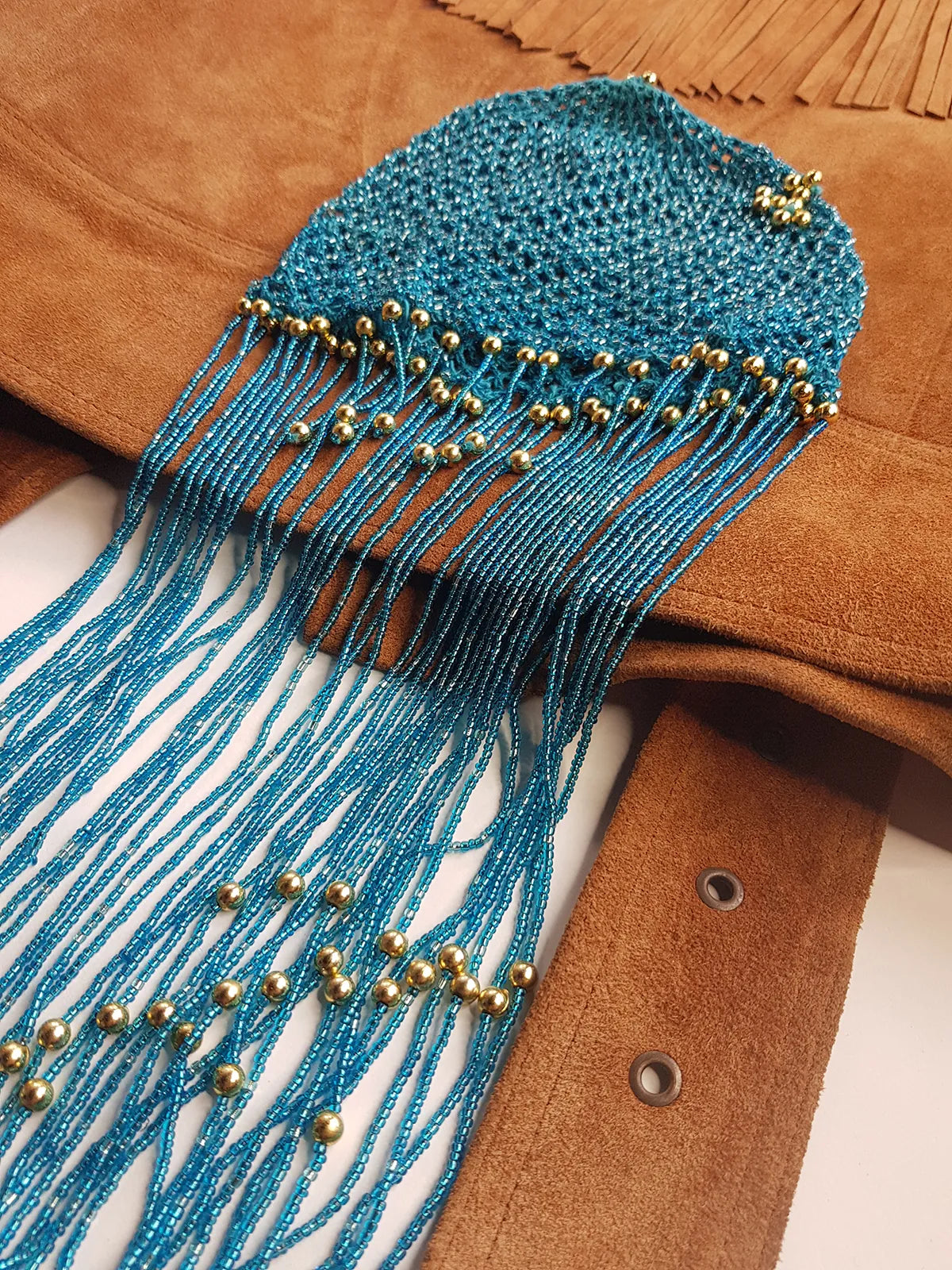 Iconic 1970s Handmade Crochet Beaded - Tasseled - Party Hairpiece Beanie - Studio 54 - Blue Crochet & Gold Beading