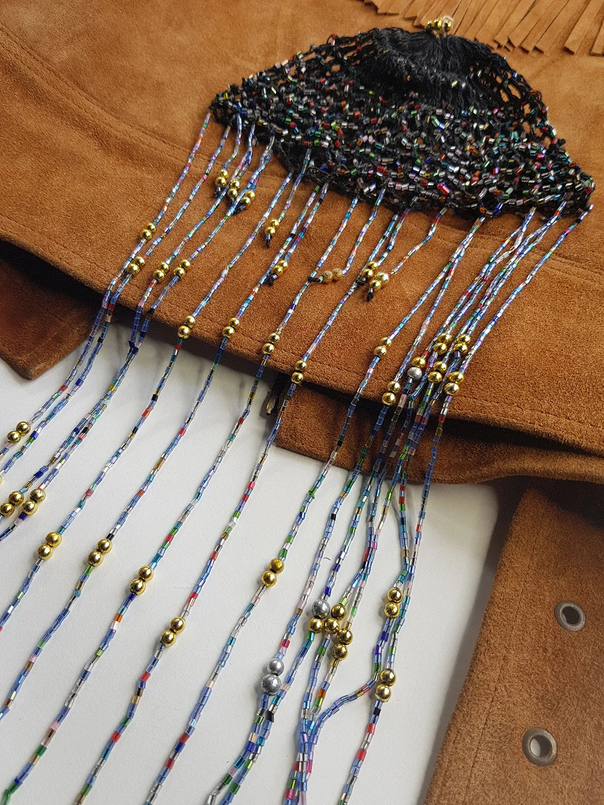 1970s Handmade Crochet Beaded - Tasseled - Party Hairpiece Beanie - Studio 54 - Black Crochet & Multicolored Beading