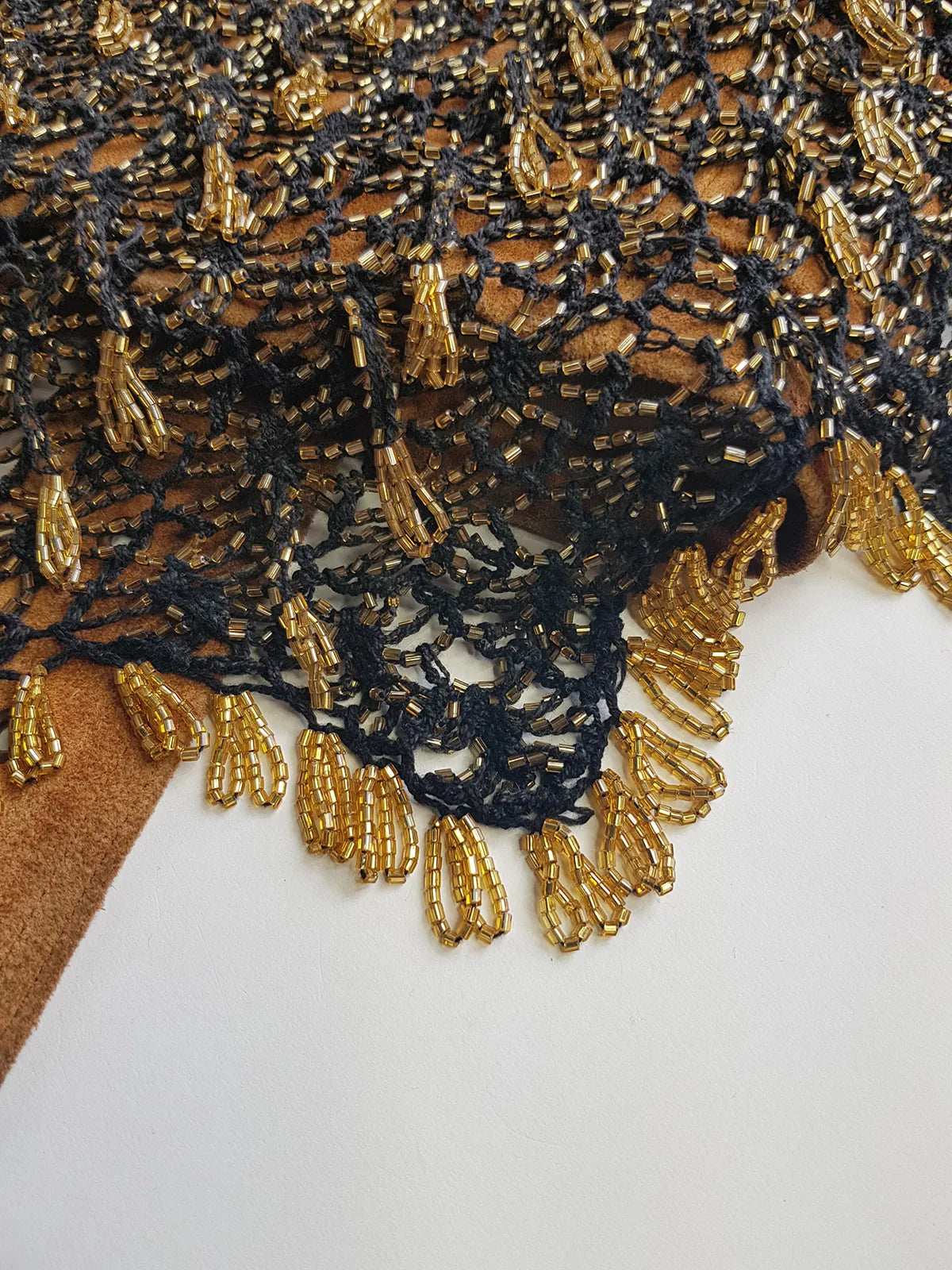 Insane 1970s Handmade Crochet Beaded Party Top / Skirt / Wrap - Tie at neck - Studio 54 - Black Crochet & Gold Beading