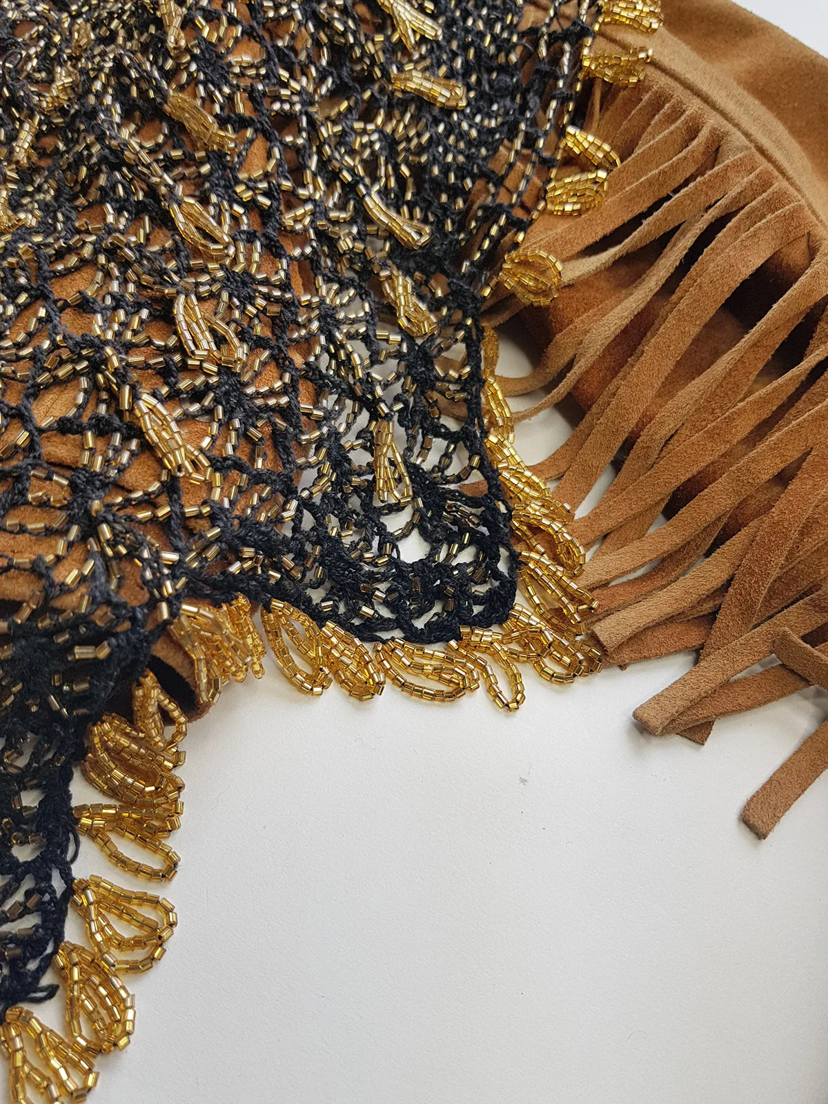 Insane 1970s Handmade Crochet Beaded Party Top / Skirt / Wrap - Tie at neck - Studio 54 - Black Crochet & Gold Beading