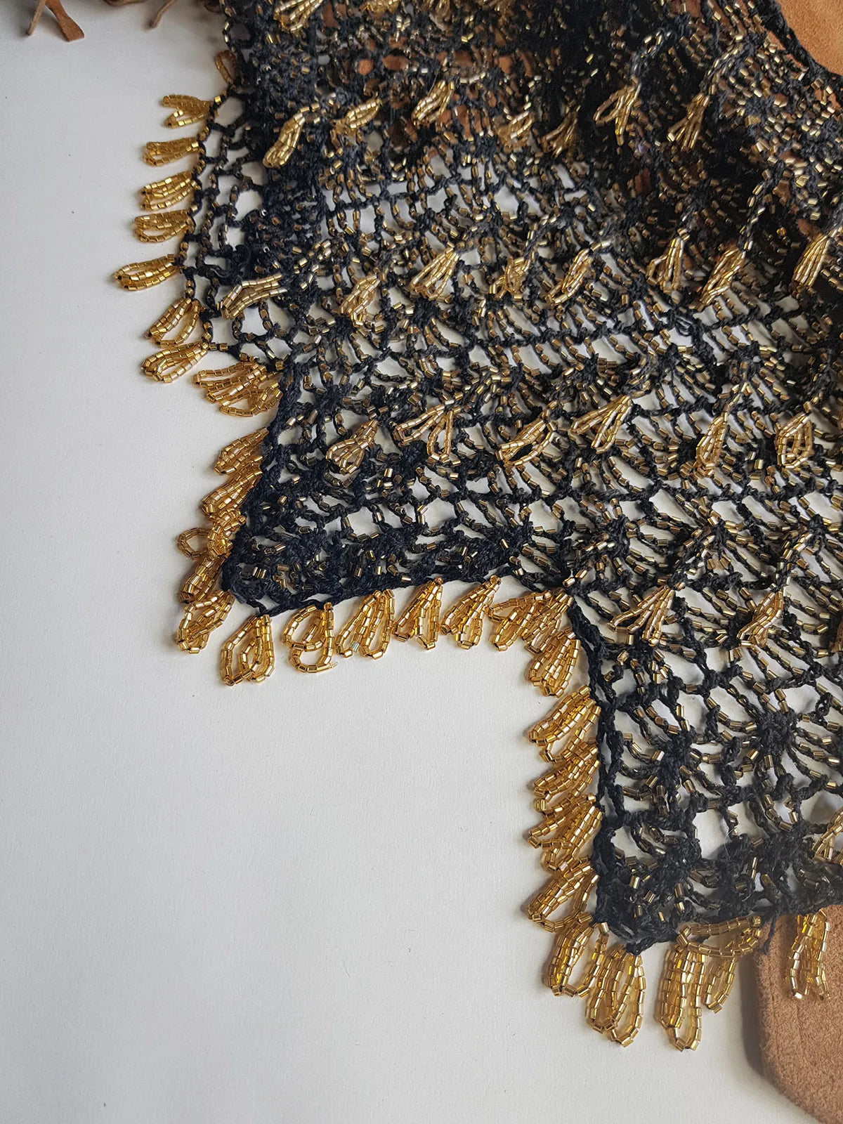 Insane 1970s Handmade Crochet Beaded Party Top / Skirt / Wrap - Tie at neck - Studio 54 - Black Crochet & Gold Beading