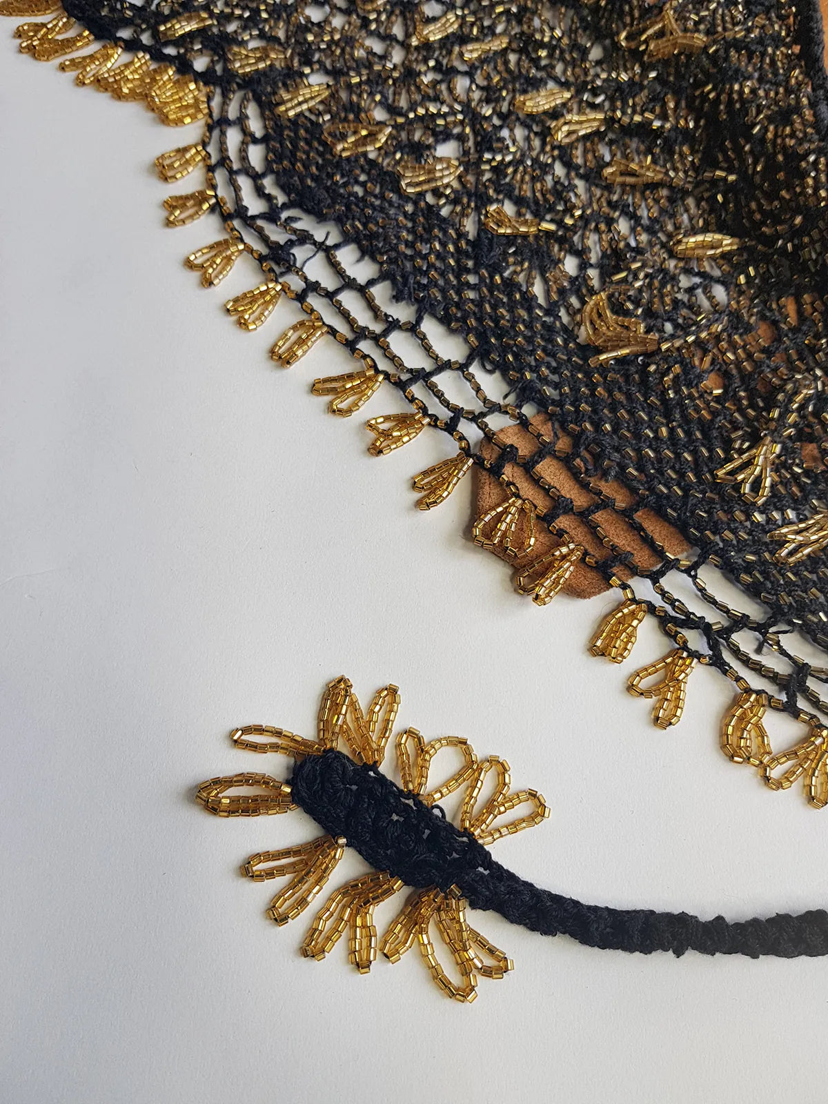 Insane 1970s Handmade Crochet Beaded Party Top / Skirt / Wrap - Tie at neck - Studio 54 - Black Crochet & Gold Beading