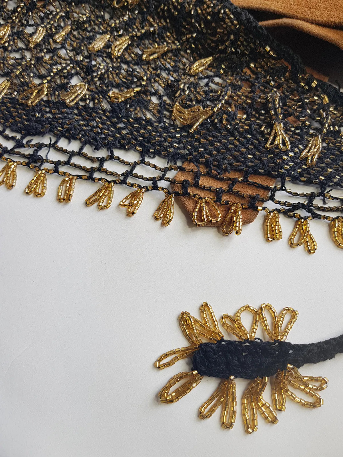 Insane 1970s Handmade Crochet Beaded Party Top / Skirt / Wrap - Tie at neck - Studio 54 - Black Crochet & Gold Beading