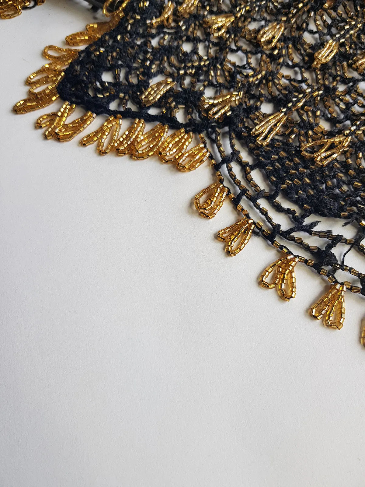 Insane 1970s Handmade Crochet Beaded Party Top / Skirt / Wrap - Tie at neck - Studio 54 - Black Crochet & Gold Beading