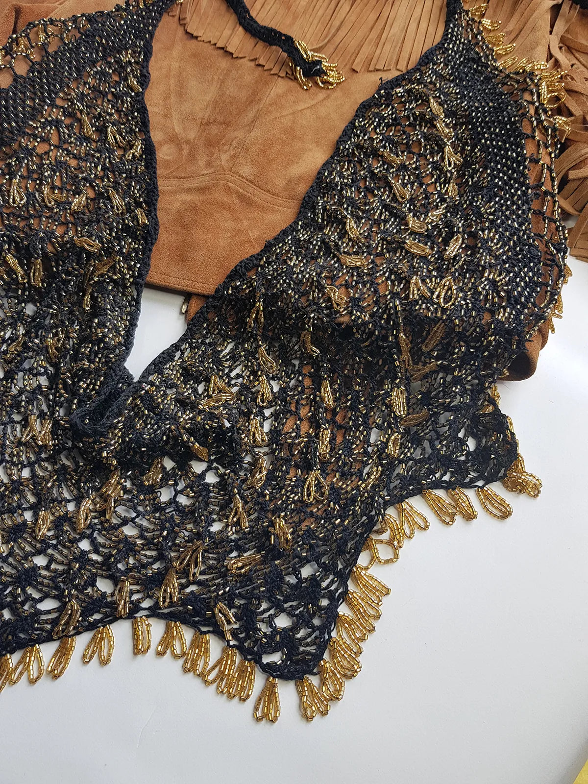 Insane 1970s Handmade Crochet Beaded Party Top / Skirt / Wrap - Tie at neck - Studio 54 - Black Crochet & Gold Beading