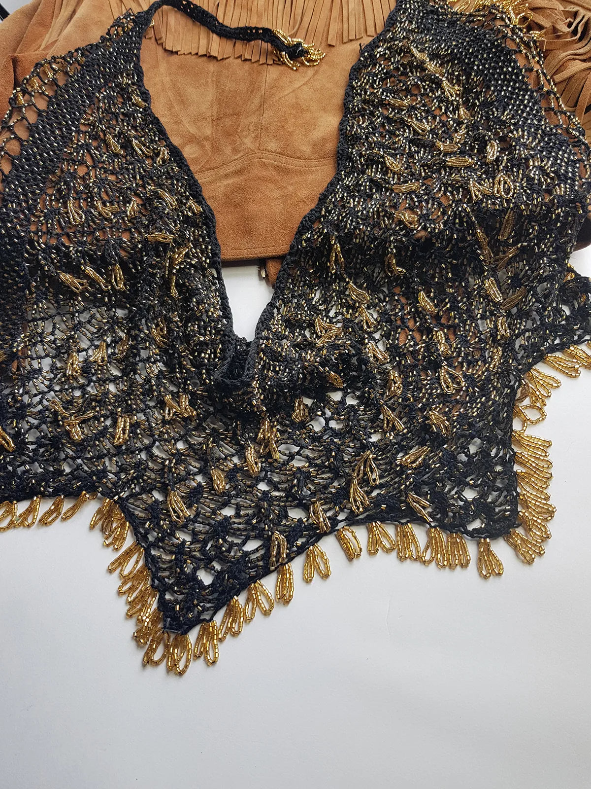 Insane 1970s Handmade Crochet Beaded Party Top / Skirt / Wrap - Tie at neck - Studio 54 - Black Crochet & Gold Beading