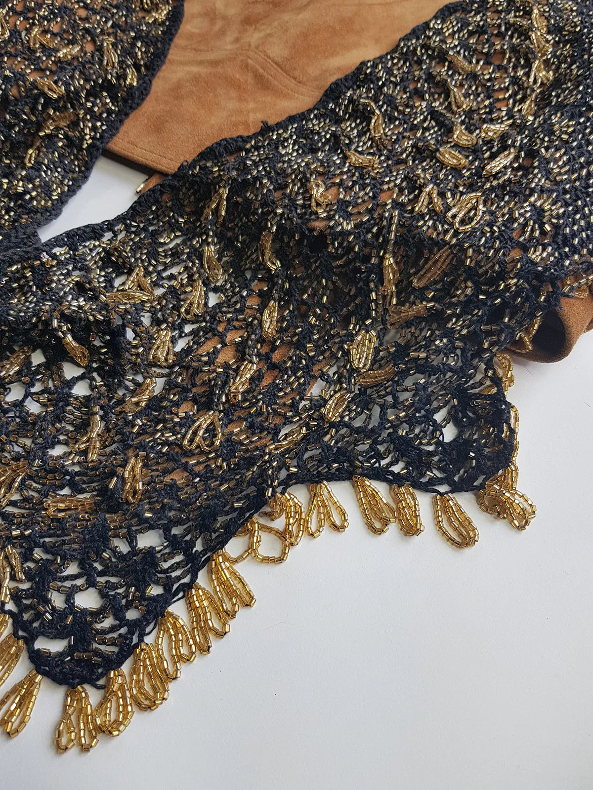 Insane 1970s Handmade Crochet Beaded Party Top / Skirt / Wrap - Tie at neck - Studio 54 - Black Crochet & Gold Beading