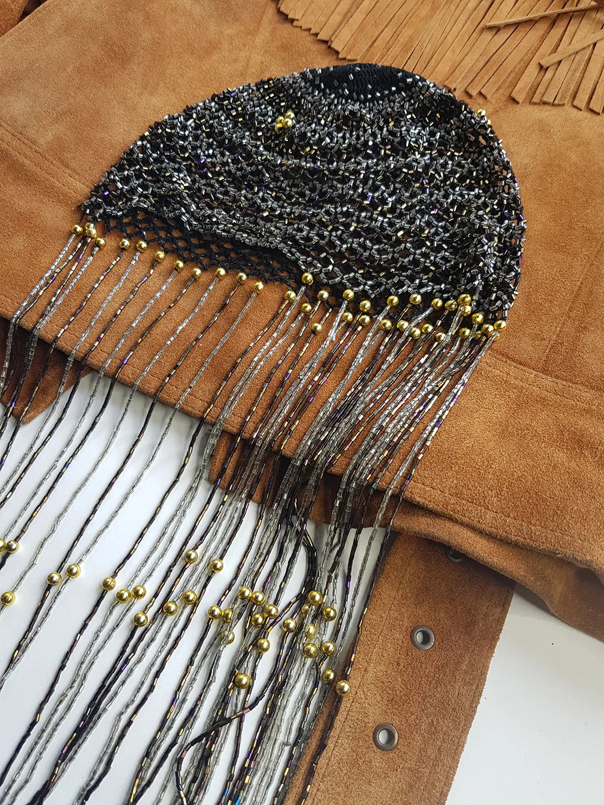 1970s Handmade Crochet Beaded - Tasseled - Party Hairpiece Beanie - Studio 54 - Black Crochet & Multicolored Beading