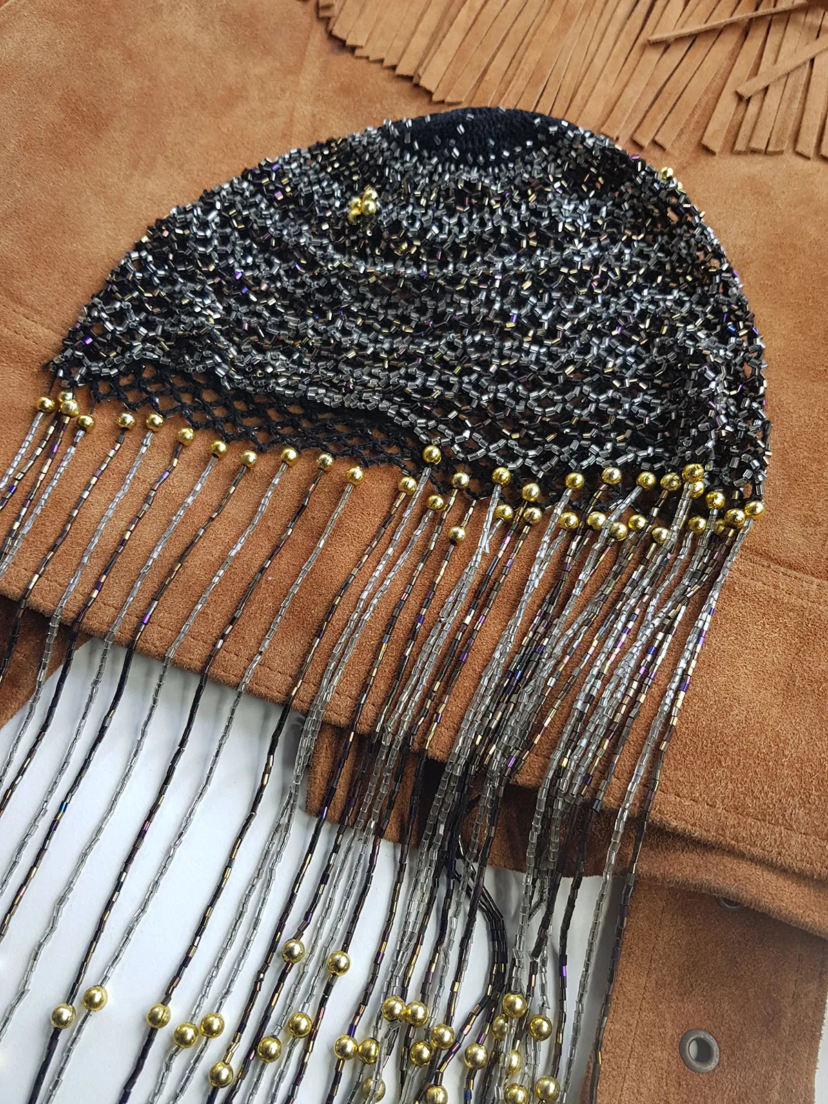 1970s Handmade Crochet Beaded - Tasseled - Party Hairpiece Beanie - Studio 54 - Black Crochet & Multicolored Beading