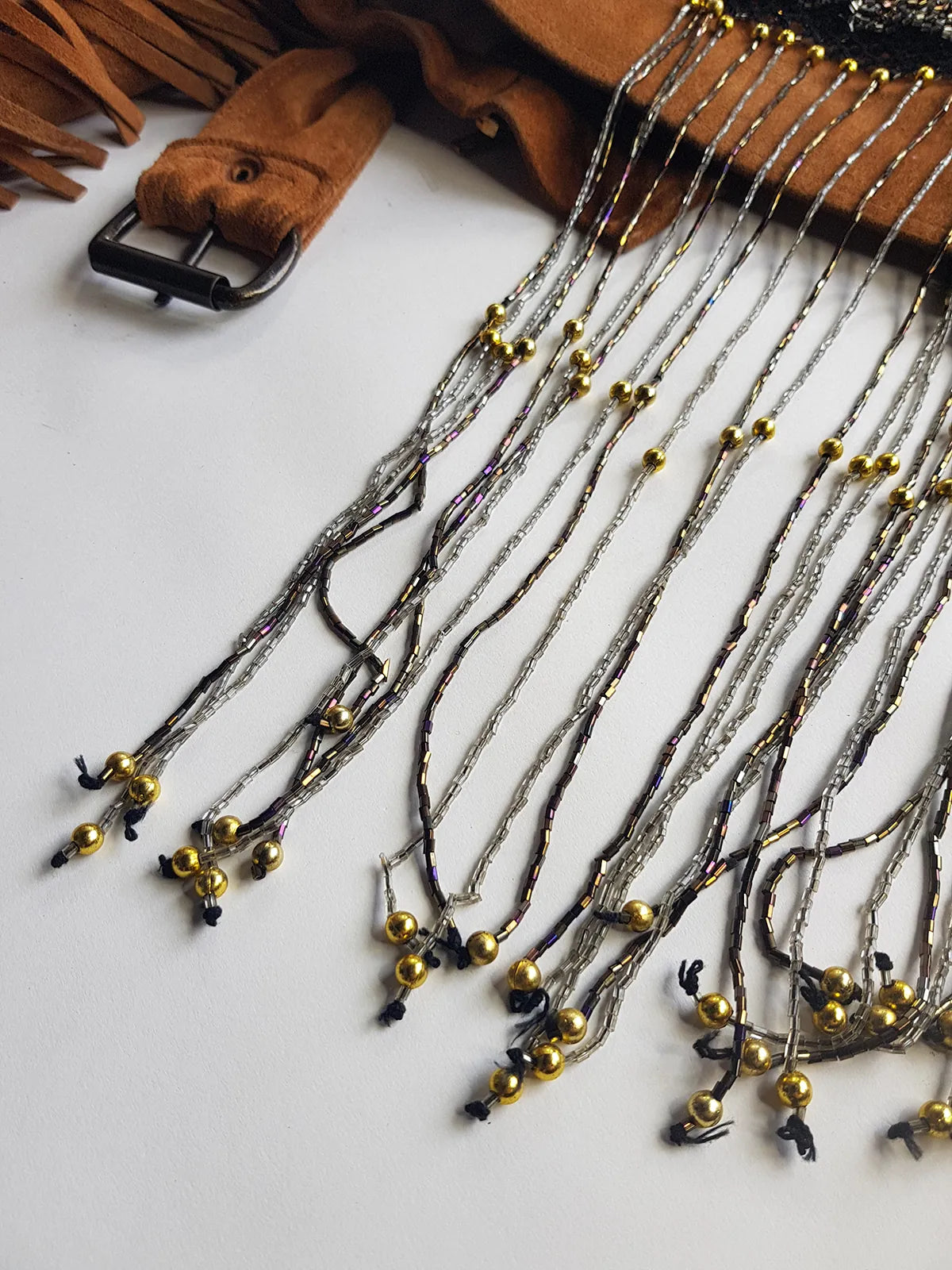 1970s Handmade Crochet Beaded - Tasseled - Party Hairpiece Beanie - Studio 54 - Black Crochet & Multicolored Beading