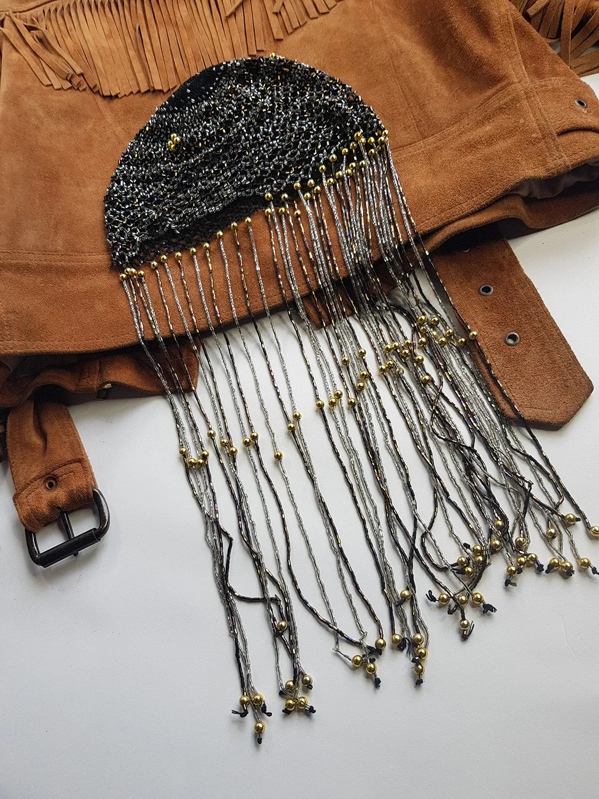 1970s Handmade Crochet Beaded - Tasseled - Party Hairpiece Beanie - Studio 54 - Black Crochet & Multicolored Beading