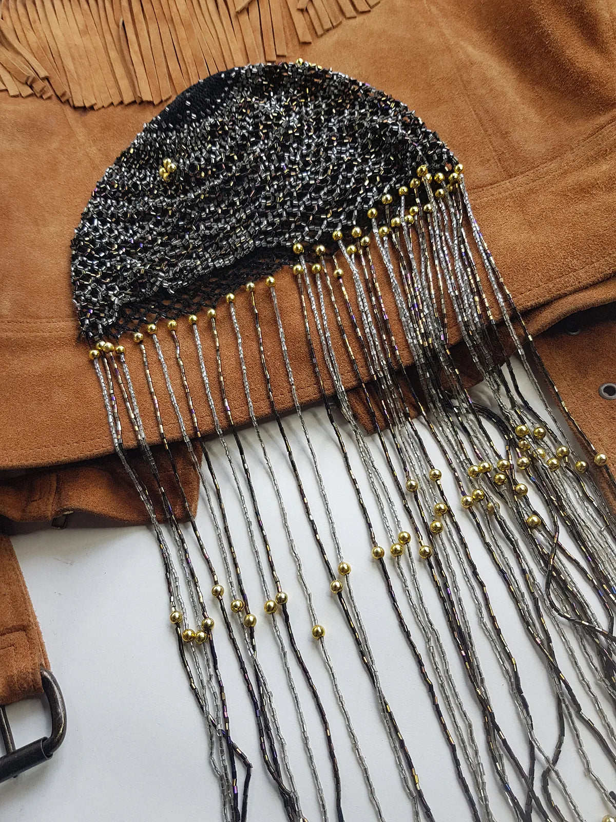 1970s Handmade Crochet Beaded - Tasseled - Party Hairpiece Beanie - Studio 54 - Black Crochet & Multicolored Beading