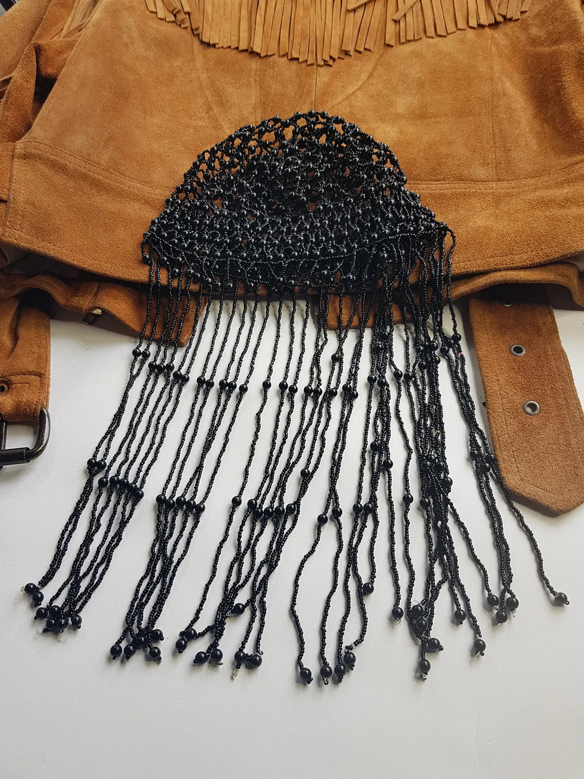 1970s Handmade Long Crochet Beaded - Tasseled - Party Hairpiece Beanie - Studio 54 - Black Crochet & Black Beading