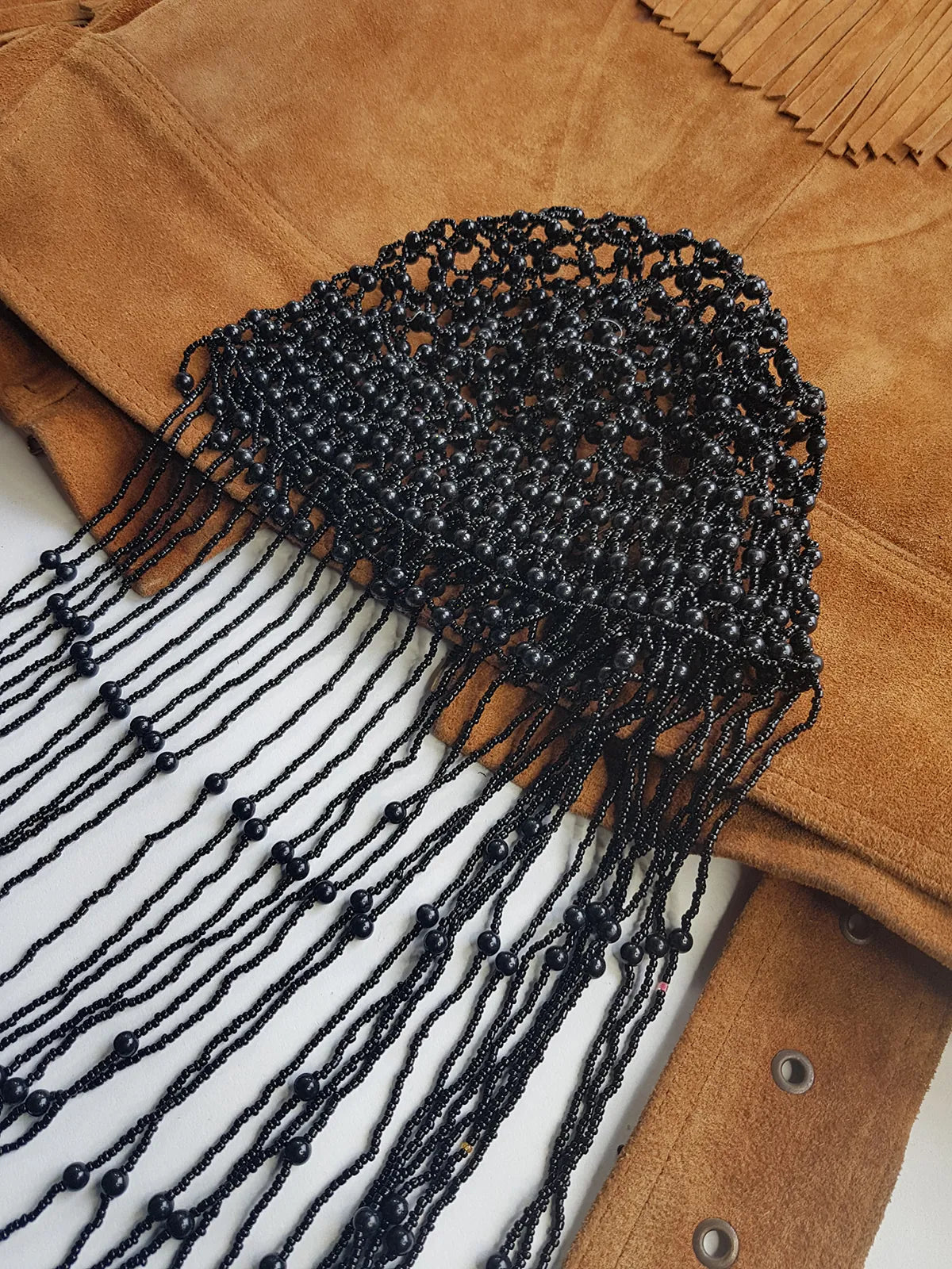 1970s Handmade Long Crochet Beaded - Tasseled - Party Hairpiece Beanie - Studio 54 - Black Crochet & Black Beading