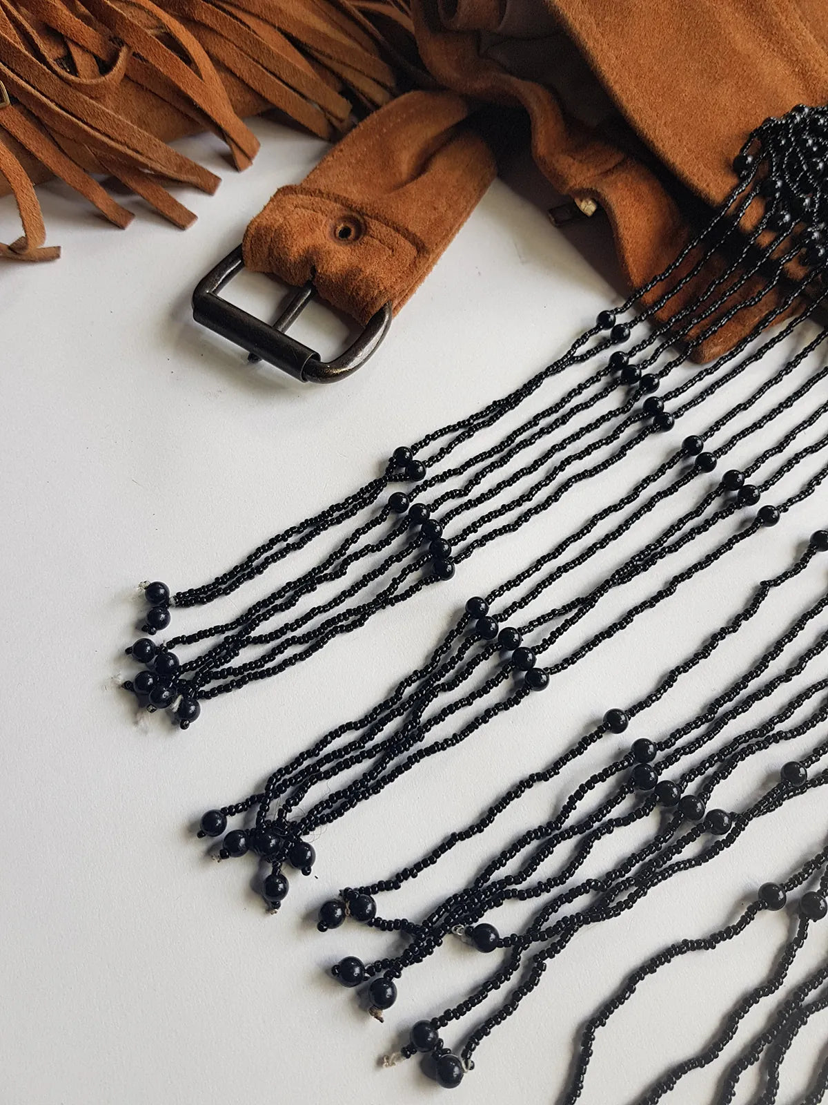 1970s Handmade Long Crochet Beaded - Tasseled - Party Hairpiece Beanie - Studio 54 - Black Crochet & Black Beading