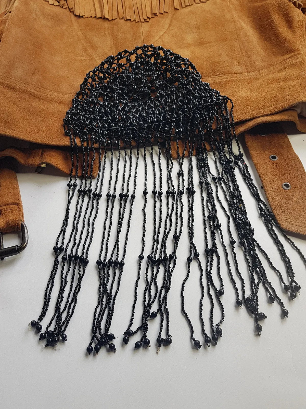 1970s Handmade Long Crochet Beaded - Tasseled - Party Hairpiece Beanie - Studio 54 - Black Crochet & Black Beading