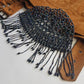 1970s Handmade Iridescent Black Crochet Beaded - Short Tasseled - Party Hairpiece Beanie - Studio 54 - Black Crochet & Black Beading