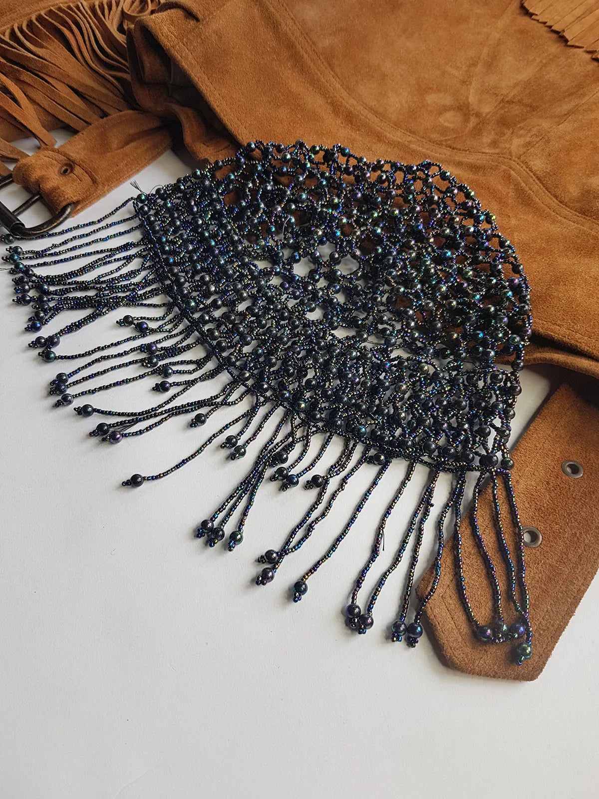 1970s Handmade Iridescent Black Crochet Beaded - Short Tasseled - Party Hairpiece Beanie - Studio 54 - Black Crochet & Black Beading