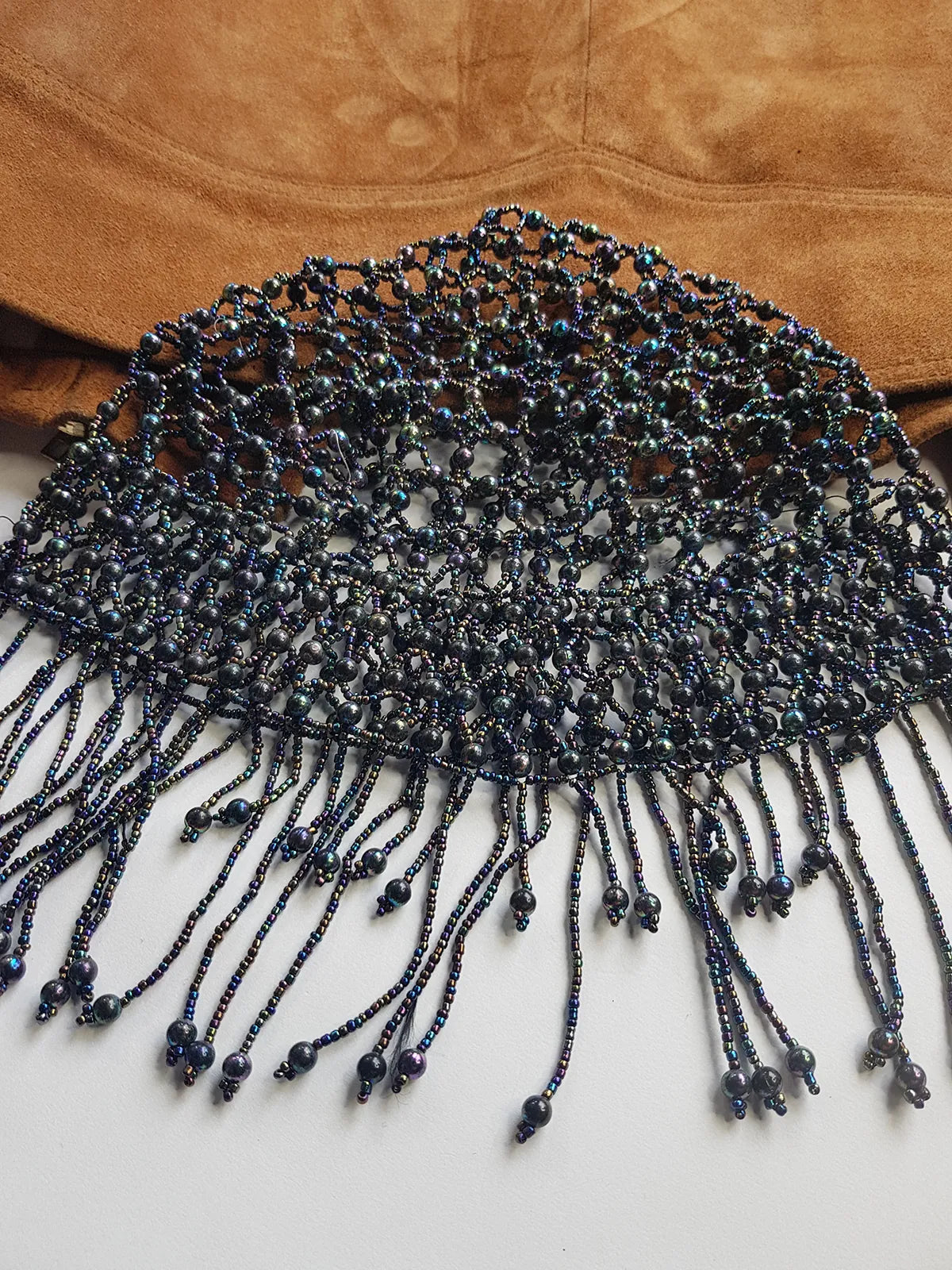 1970s Handmade Iridescent Black Crochet Beaded - Short Tasseled - Party Hairpiece Beanie - Studio 54 - Black Crochet & Black Beading