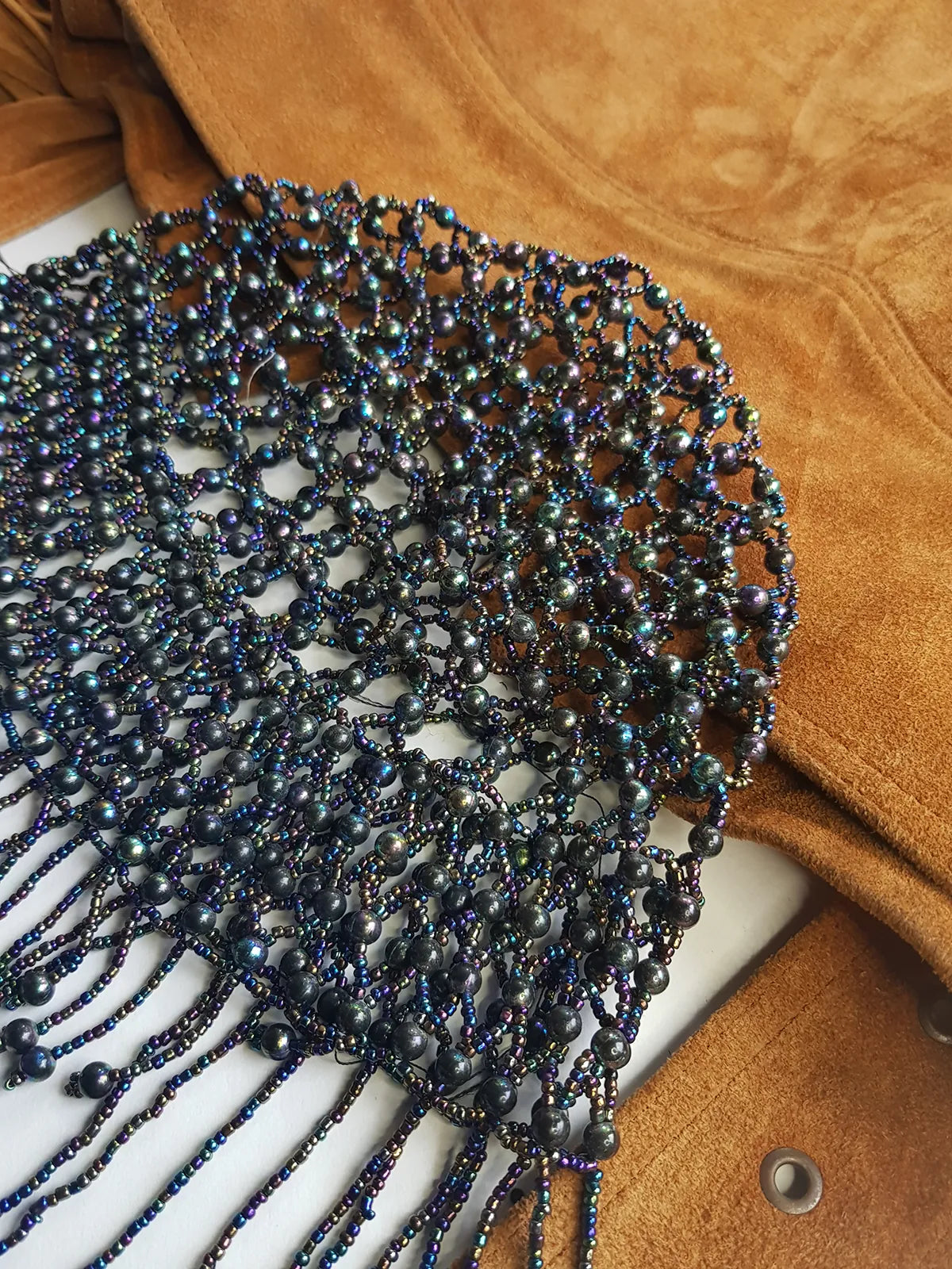 1970s Handmade Iridescent Black Crochet Beaded - Short Tasseled - Party Hairpiece Beanie - Studio 54 - Black Crochet & Black Beading