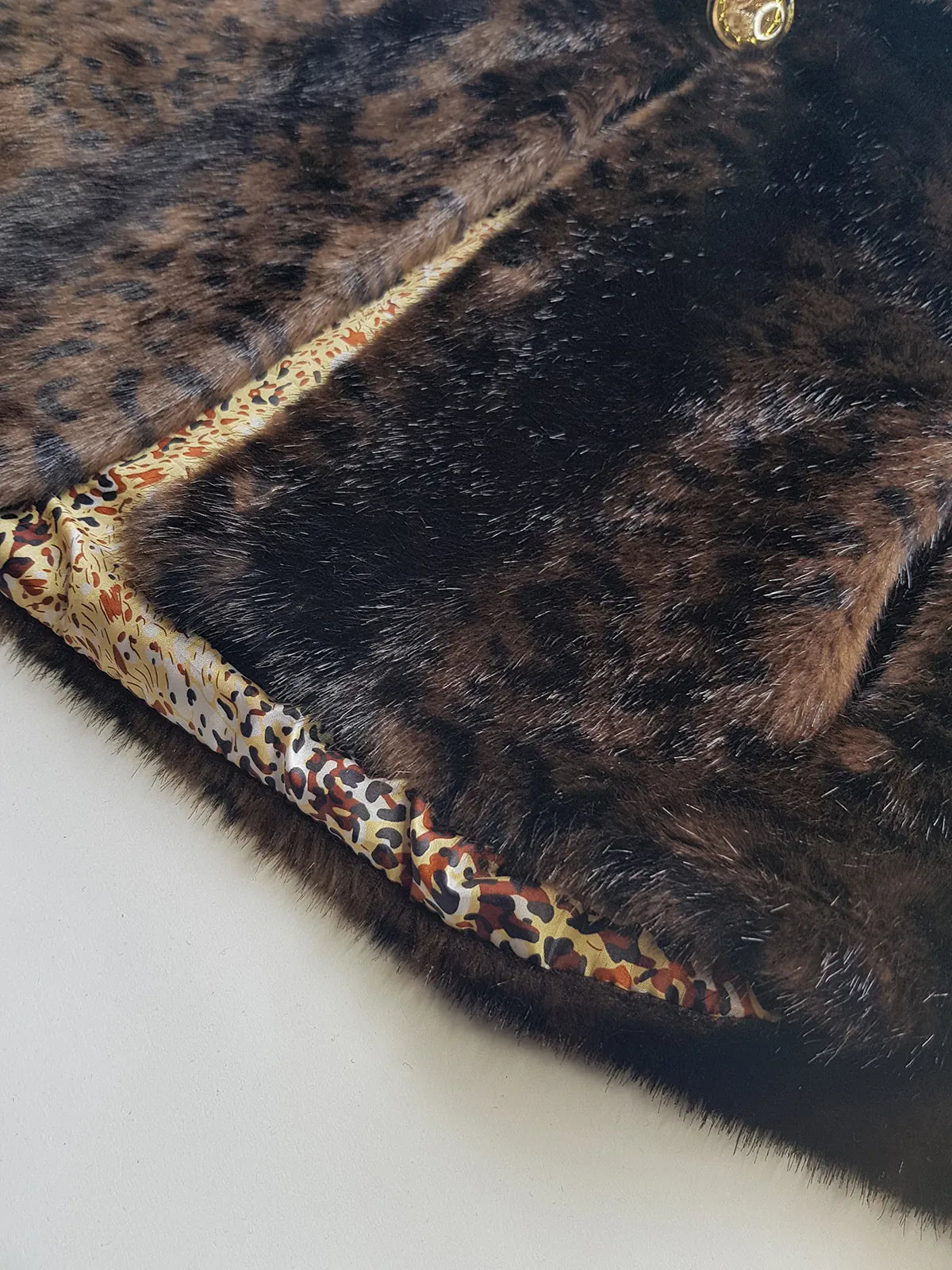 Vintage Leopard Cape with Collar - Iconic Sparkly Buttons- Vegan Fur - Satin Leopard Print Lining