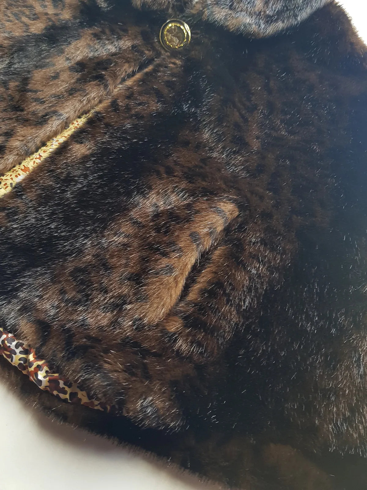 Vintage Leopard Cape with Collar - Iconic Sparkly Buttons- Vegan Fur - Satin Leopard Print Lining