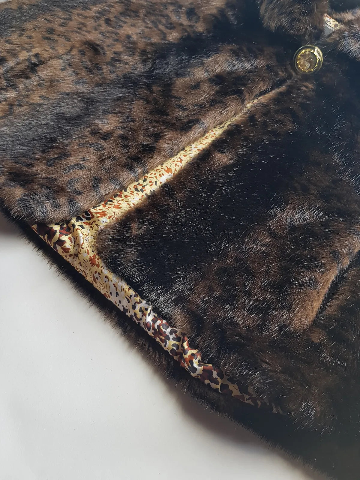 Vintage Leopard Cape with Collar - Iconic Sparkly Buttons- Vegan Fur - Satin Leopard Print Lining