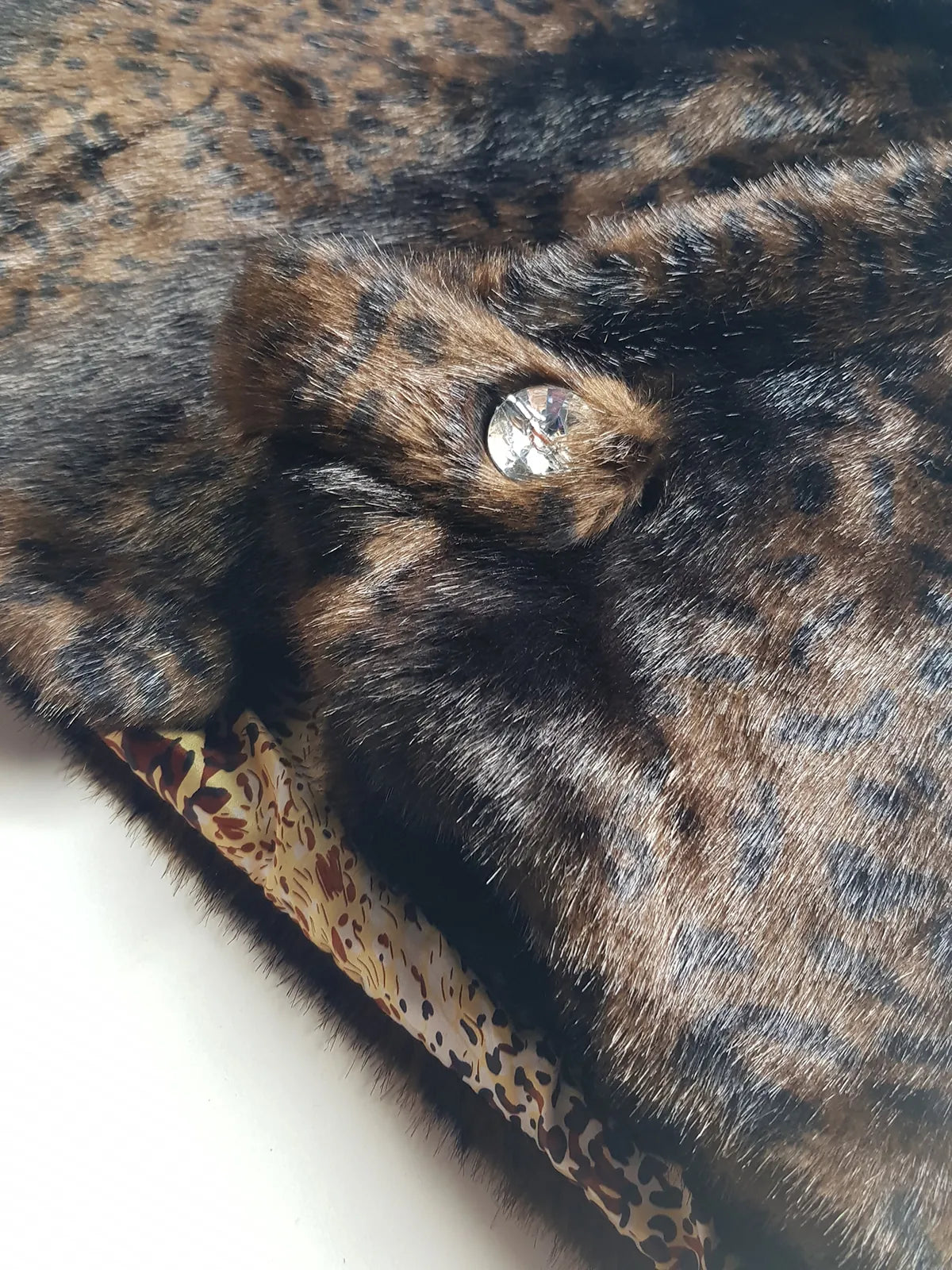 Vintage Leopard Cape with Collar - Iconic Sparkly Buttons- Vegan Fur - Satin Leopard Print Lining