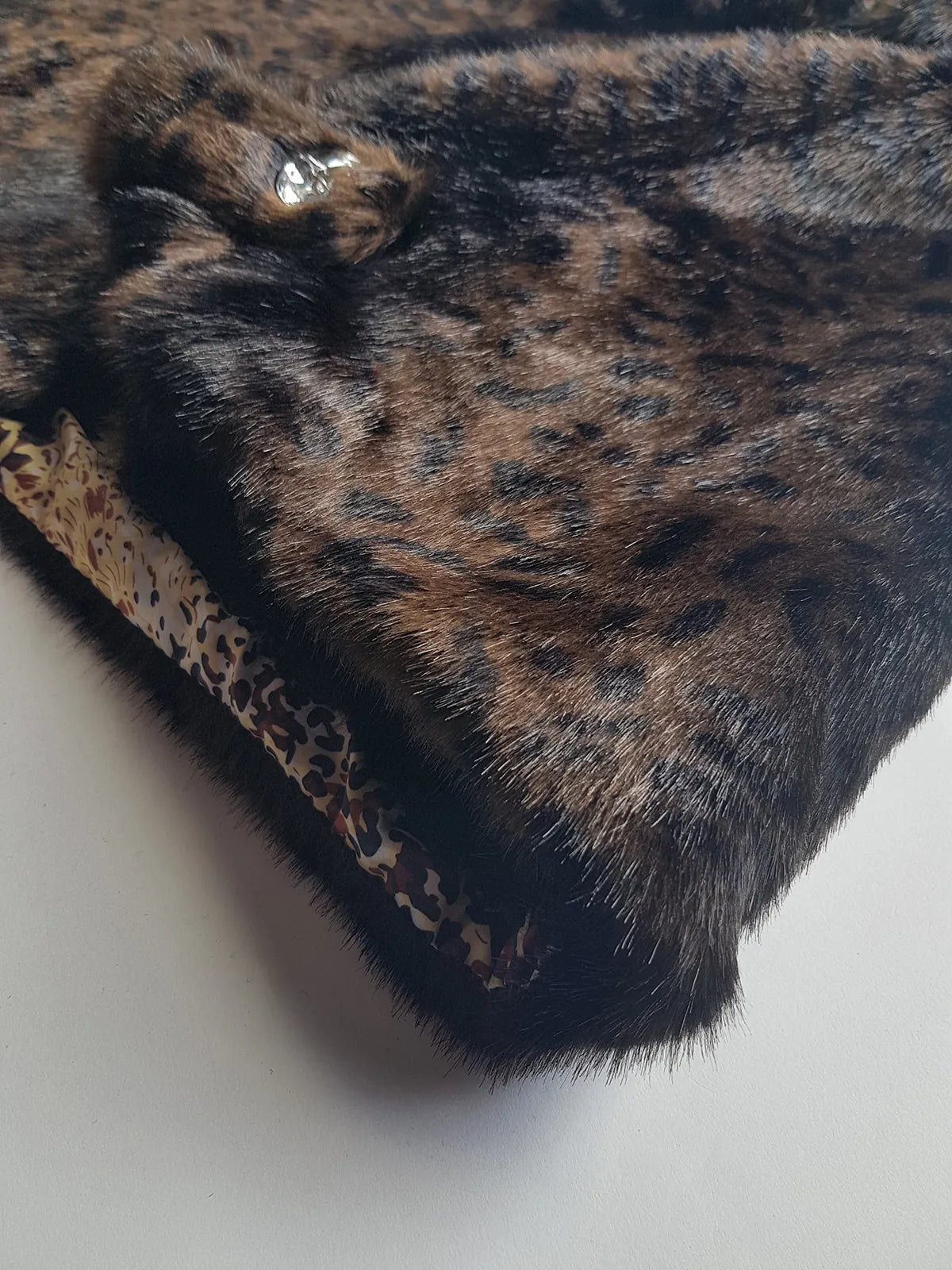 Vintage Leopard Cape with Collar - Iconic Sparkly Buttons- Vegan Fur - Satin Leopard Print Lining
