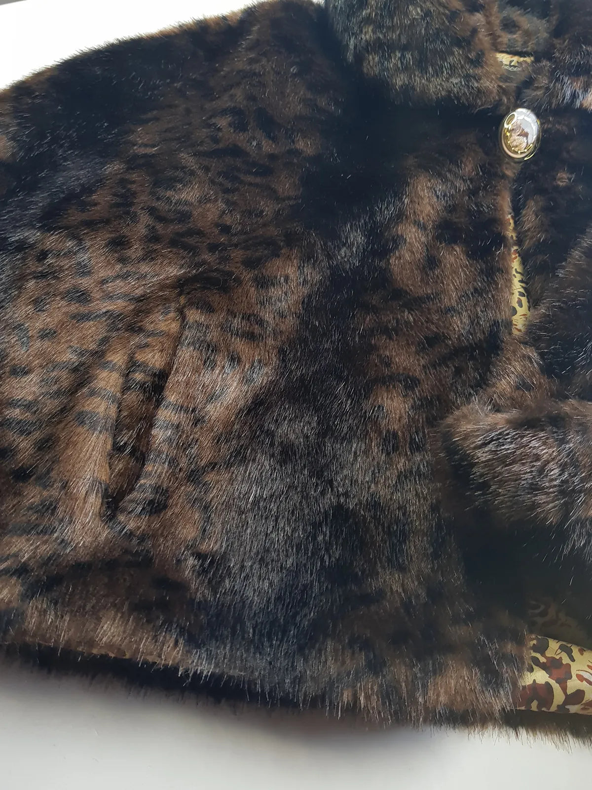 Vintage Leopard Cape with Collar - Iconic Sparkly Buttons- Vegan Fur - Satin Leopard Print Lining