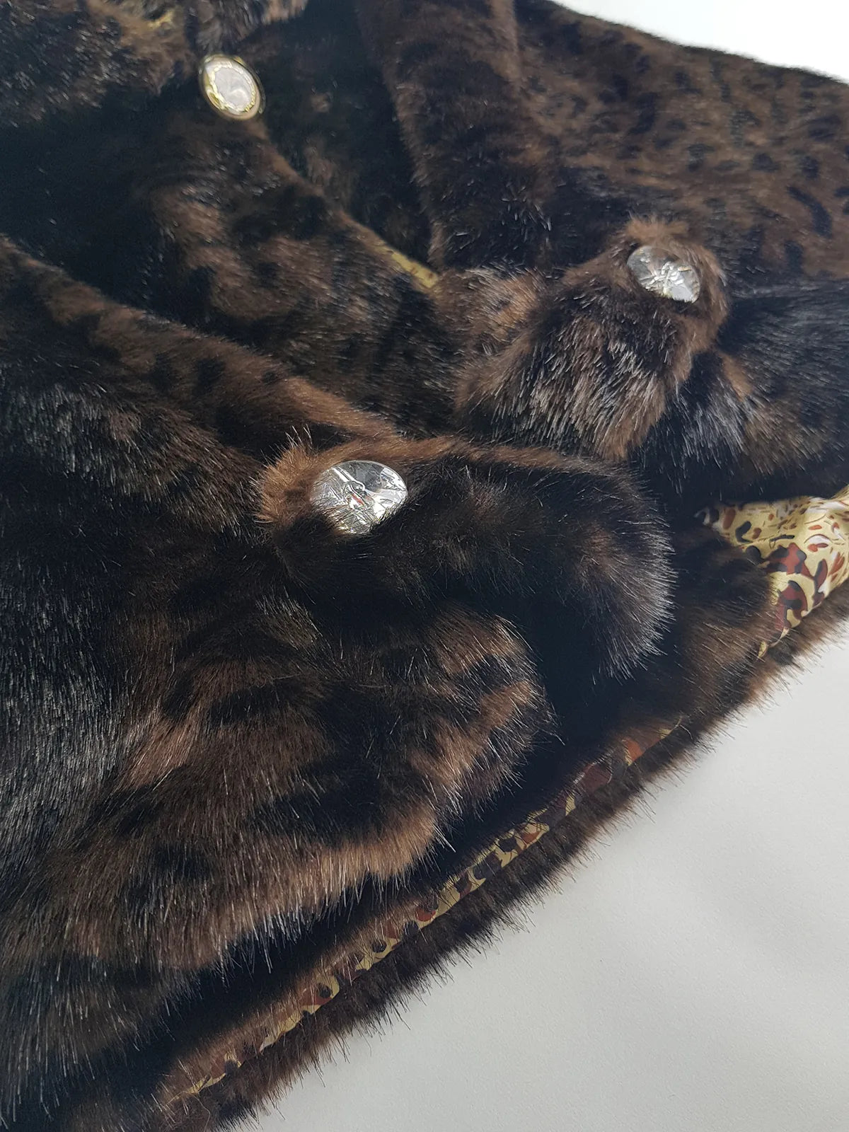 Vintage Leopard Cape with Collar - Iconic Sparkly Buttons- Vegan Fur - Satin Leopard Print Lining
