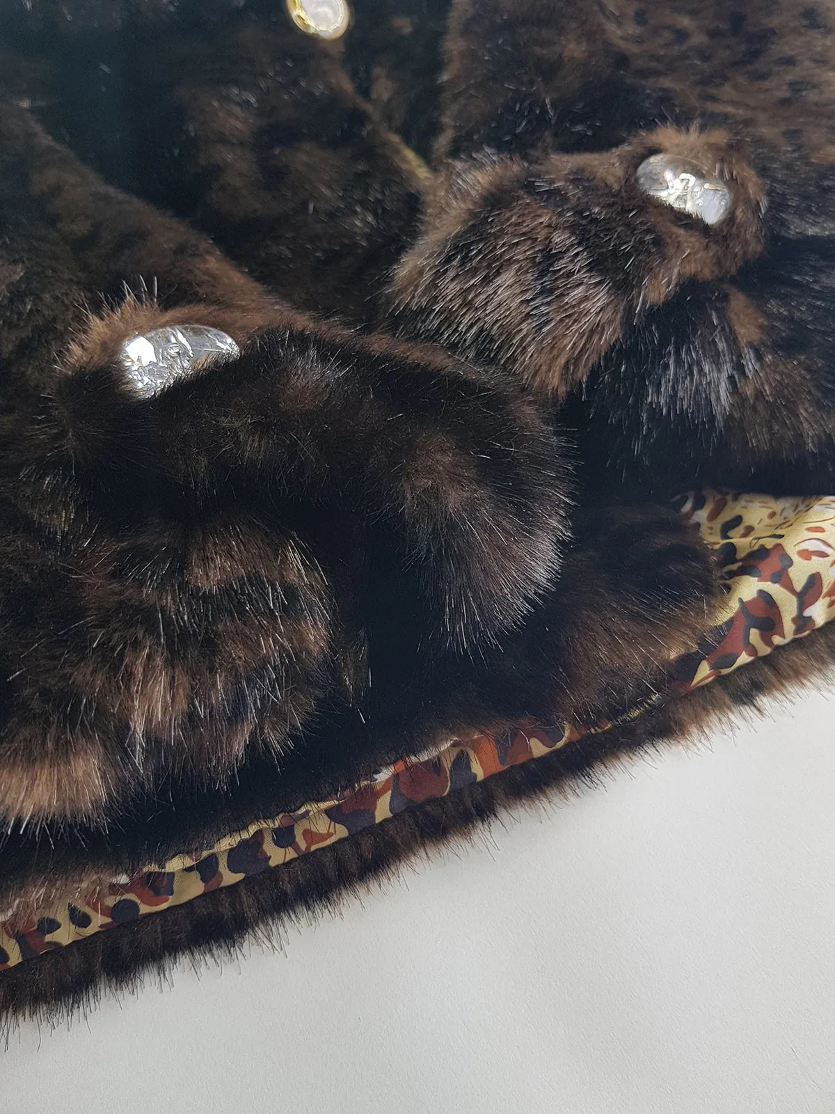 Vintage Leopard Cape with Collar - Iconic Sparkly Buttons- Vegan Fur - Satin Leopard Print Lining