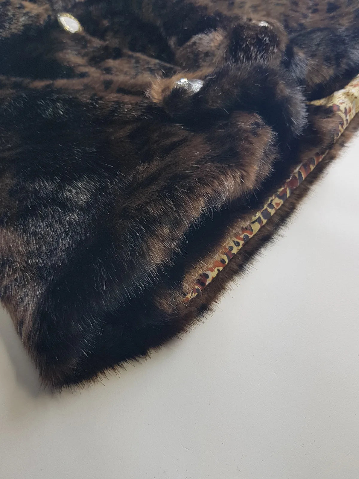 Vintage Leopard Cape with Collar - Iconic Sparkly Buttons- Vegan Fur - Satin Leopard Print Lining