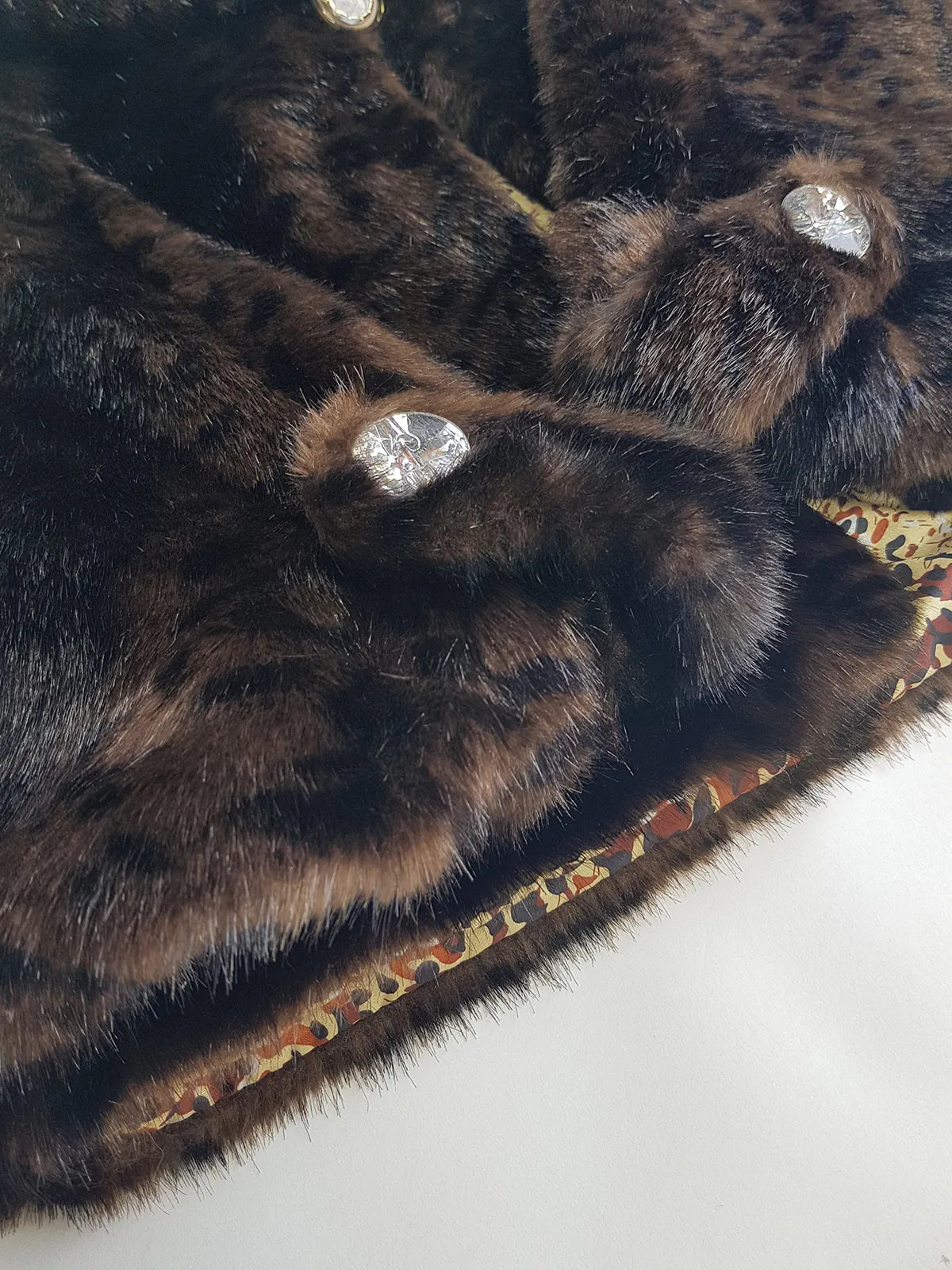 Vintage Leopard Cape with Collar - Iconic Sparkly Buttons- Vegan Fur - Satin Leopard Print Lining